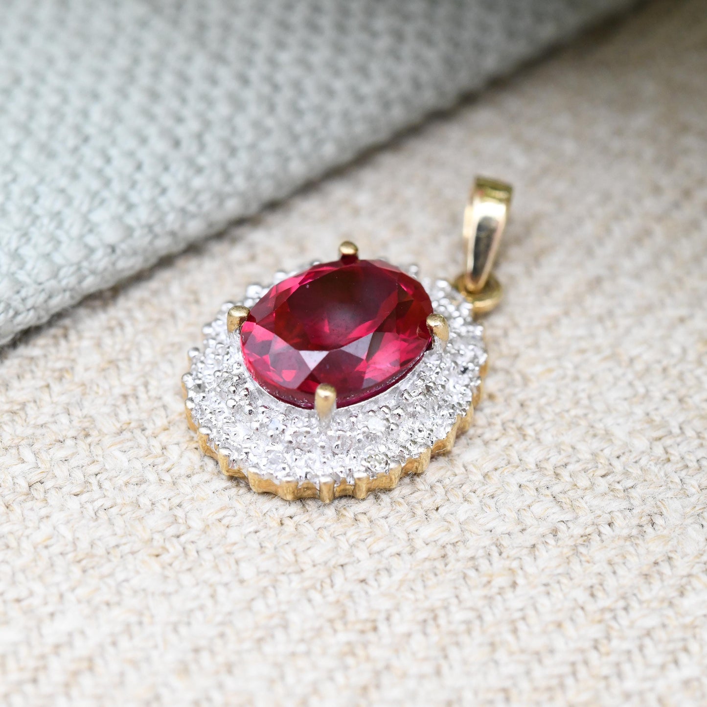 Vintage 9ct Gold Ruby and Diamond Pendant Double Halo Cluster - Pretty Gold Gift for Her | Antique Style | Large Faceted Red Stone