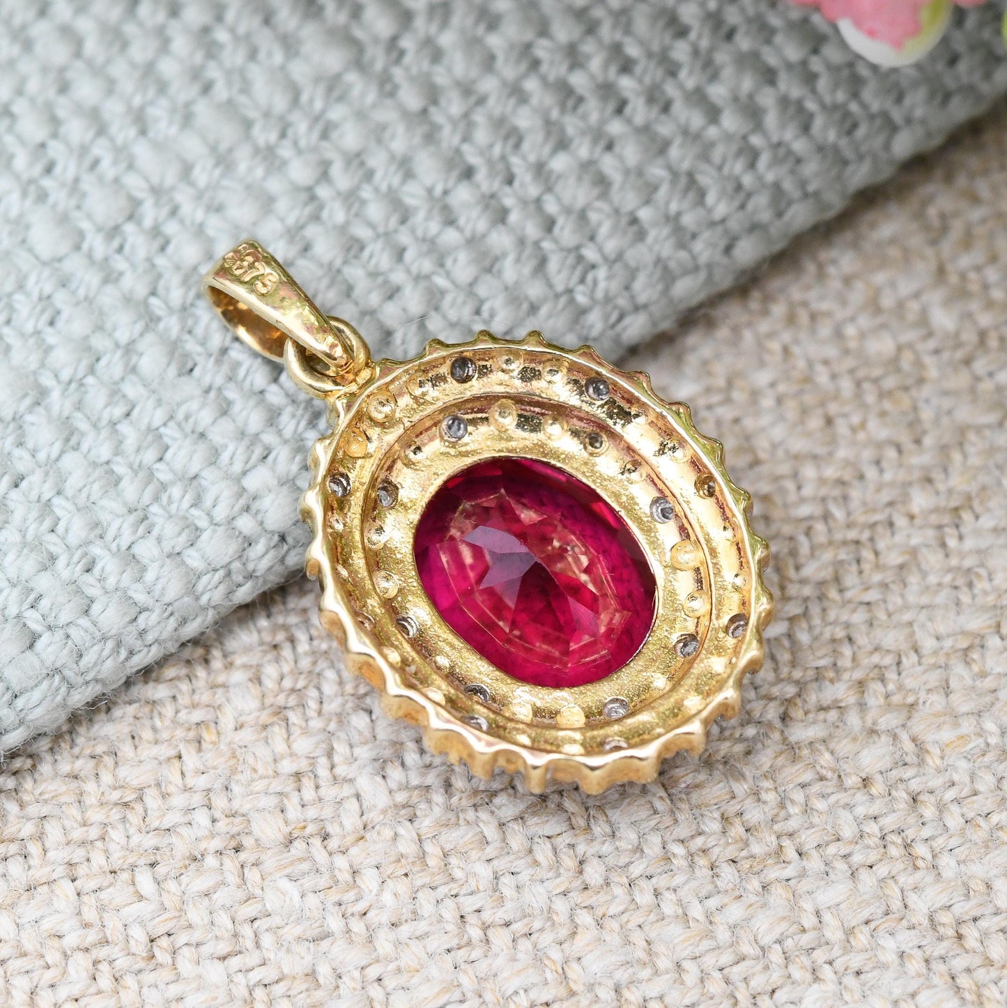 Vintage 9ct Gold Ruby and Diamond Pendant Double Halo Cluster - Pretty Gold Gift for Her | Antique Style | Large Faceted Red Stone