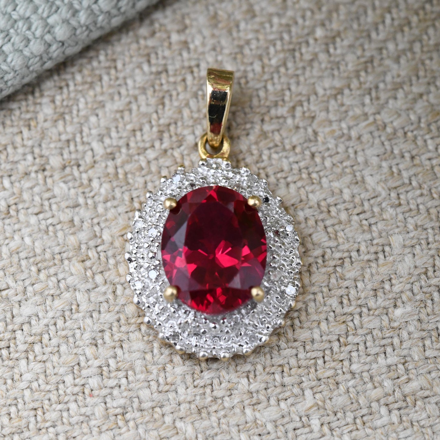 Vintage 9ct Gold Ruby and Diamond Pendant Double Halo Cluster - Pretty Gold Gift for Her | Antique Style | Large Faceted Red Stone