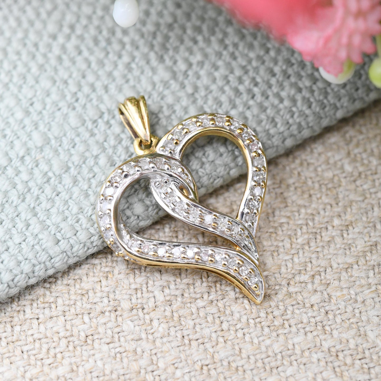 Vintage 9ct Gold Diamond Heart Pendant 0.25 Carats 25 Points - Love Heart Charm for Necklace Stack | Valentine's Gift for Her | Pave Diamond