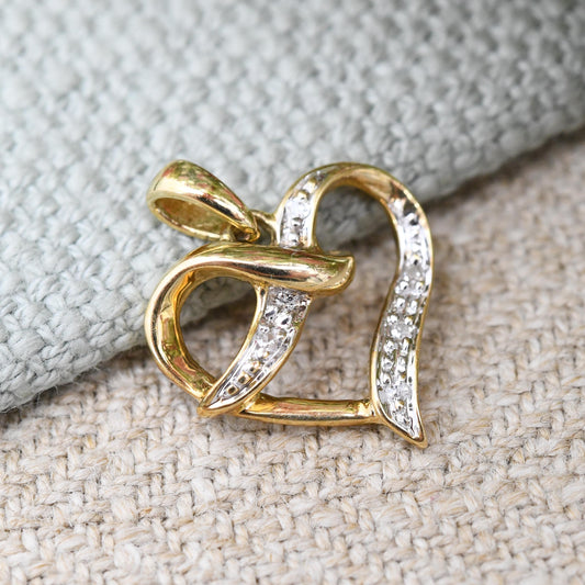 Vintage 9ct Gold Diamond Heart Pendant - Two-Tone Yellow Gold White Gold Cross Over Design