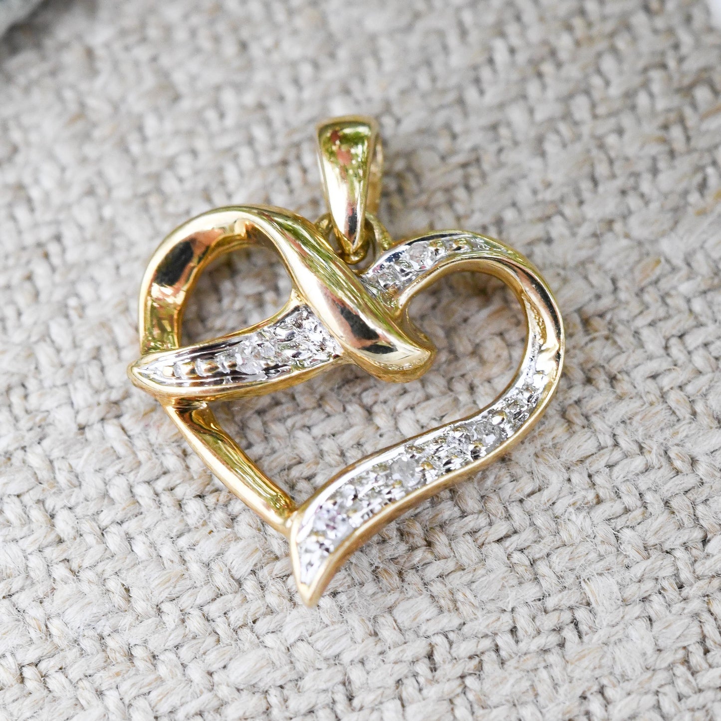 Vintage 9ct Gold Diamond Heart Pendant - Two-Tone Yellow Gold White Gold Cross Over Design