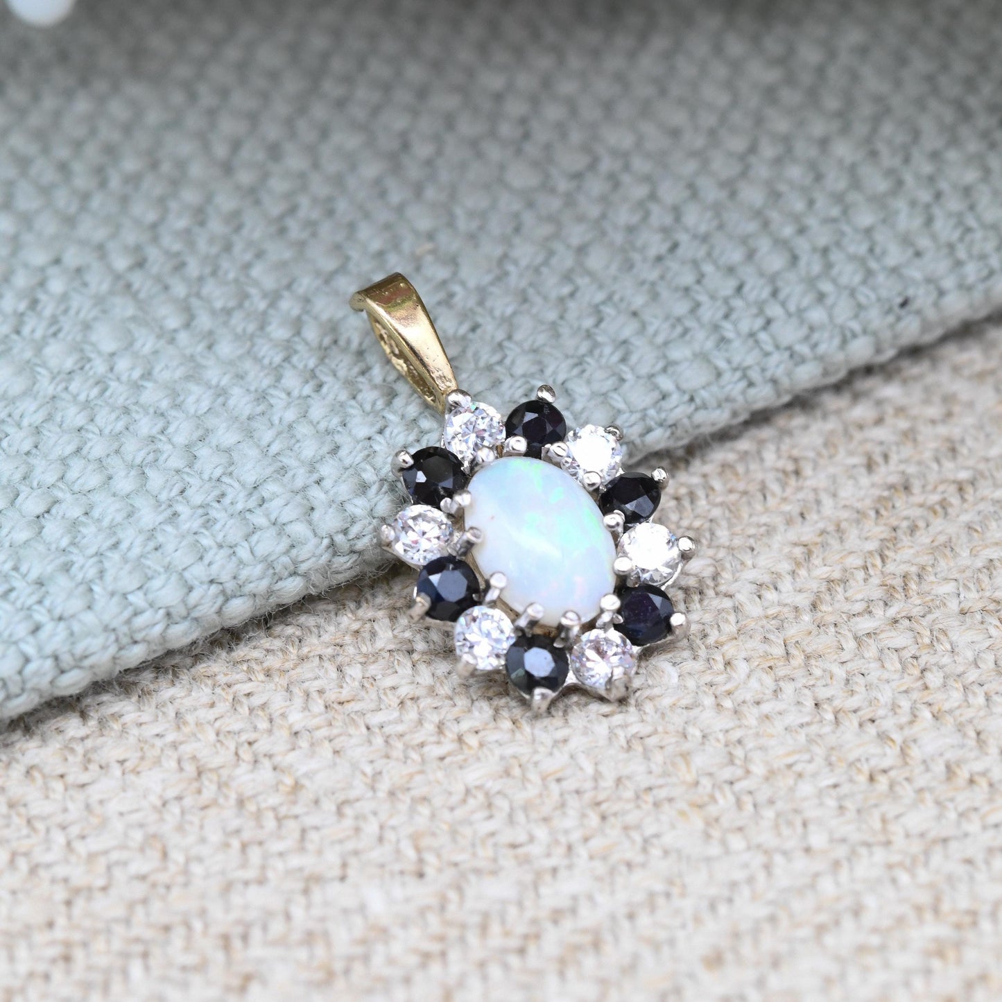 Vintage 9ct Gold Opal Sapphire CZ Pendant - Halo Floral Cluster | Small Solid Gold Charm | Pretty Gift for Her