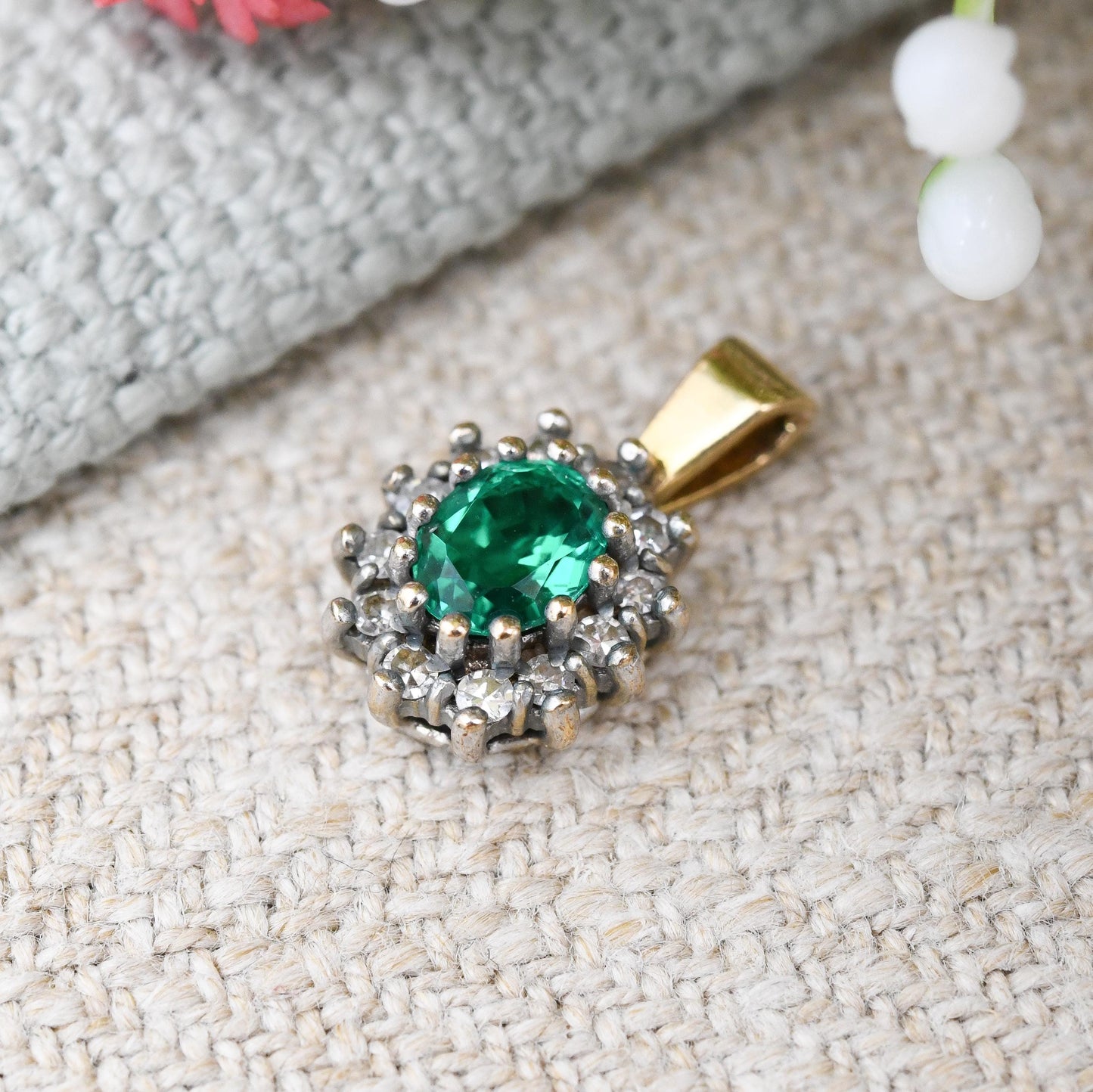 Vintage 9ct Gold Green Stone Halo Pendant 1993 - Miniature Charm for Necklace Stack | Antique Style