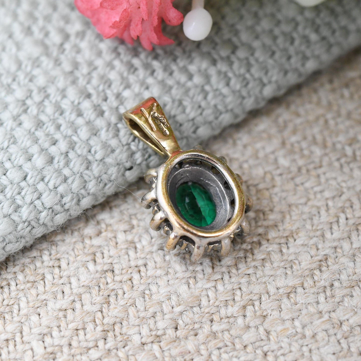 Vintage 9ct Gold Green Stone Halo Pendant 1993 - Miniature Charm for Necklace Stack | Antique Style