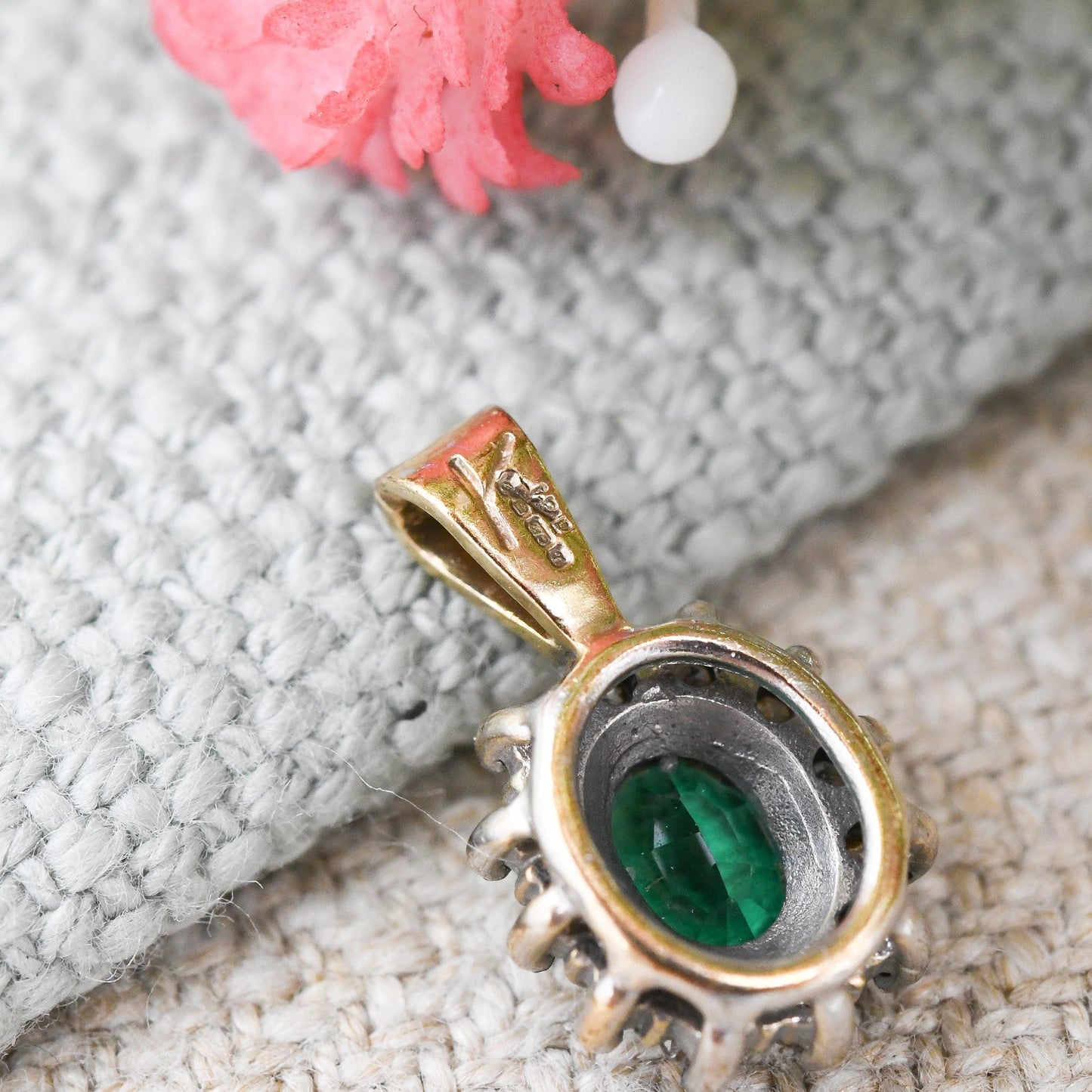 Vintage 9ct Gold Green Stone Halo Pendant 1993 - Miniature Charm for Necklace Stack | Antique Style