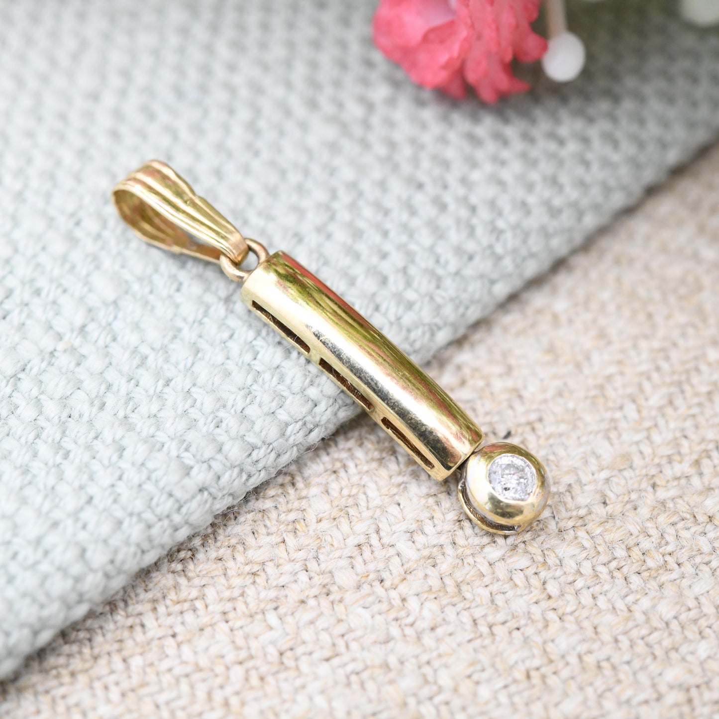 Vintage 9ct Gold Diamond Bar Pendant with Articulated Drop - Solid Gold Minimalist Gift for Her