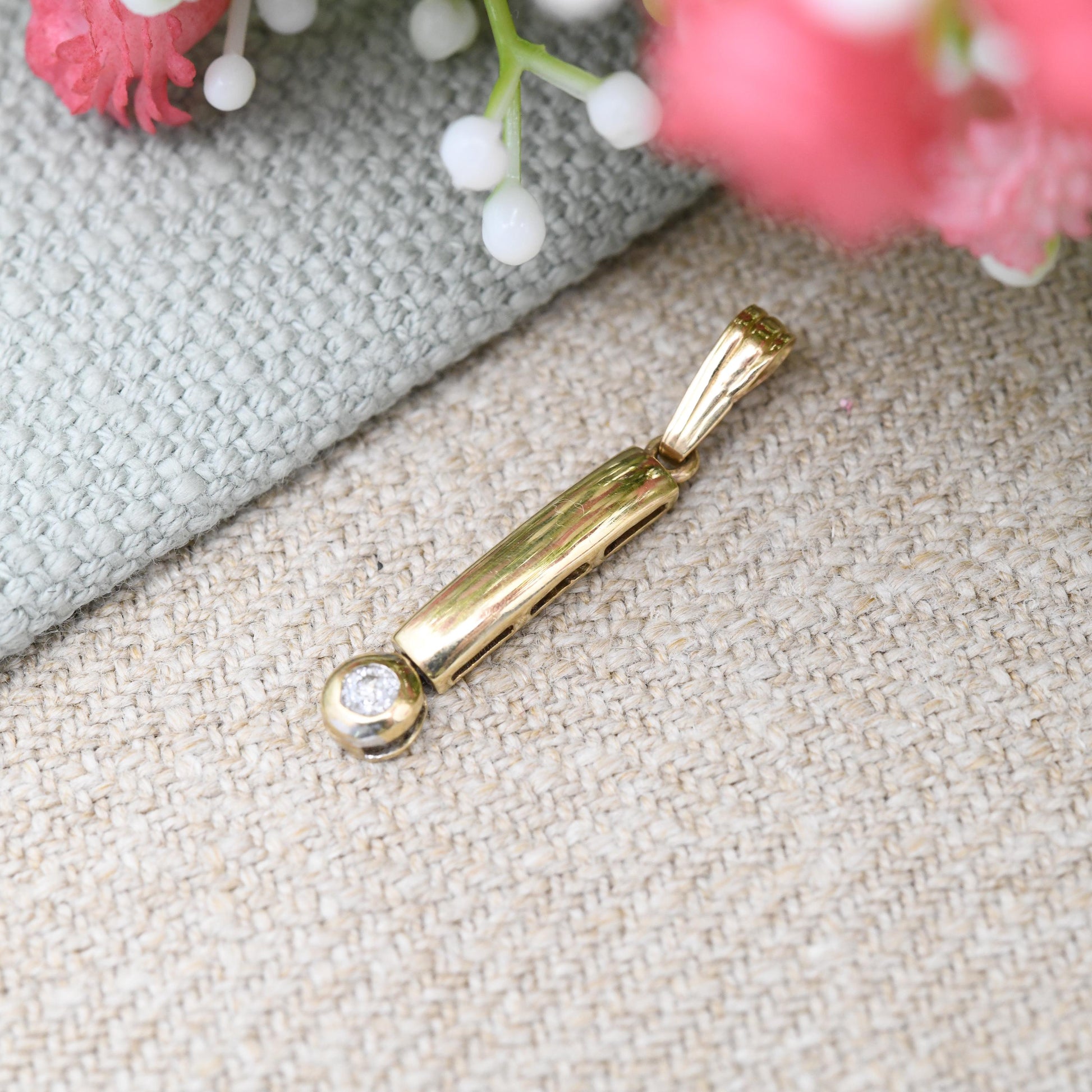 Vintage 9ct Gold Diamond Bar Pendant with Articulated Drop - Solid Gold Minimalist Gift for Her