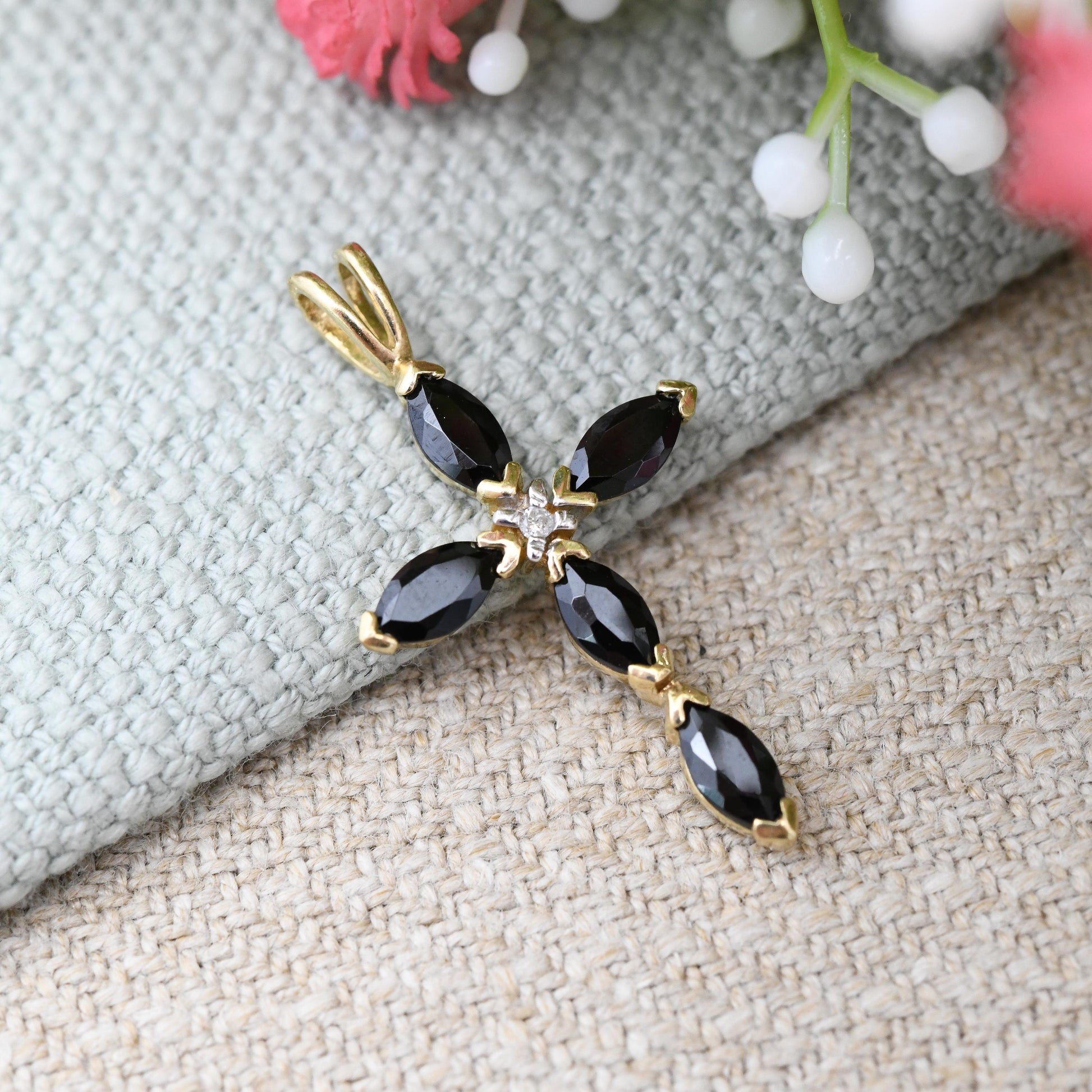 Vintage 9ct Gold Sapphire and Diamond Cross Pendant - Pretty Gemstone Cross Necklace | Religious Christian Gift | Gemstone Jewellery