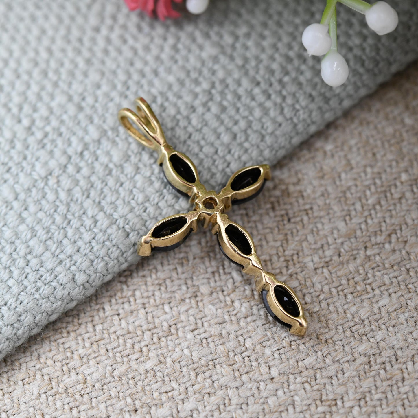 Vintage 9ct Gold Sapphire and Diamond Cross Pendant - Pretty Gemstone Cross Necklace | Religious Christian Gift | Gemstone Jewellery