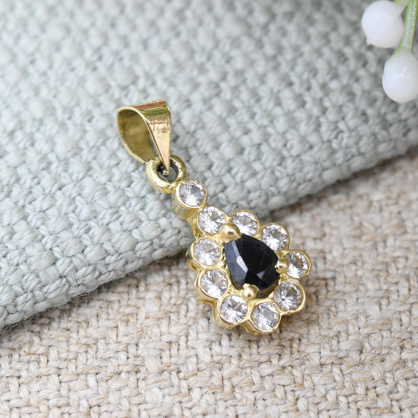 Vintage 14ct Gold Sapphire Teardrop Pendant with CZ - Miniature Sparkly Solid Gold Charm | Pretty Gift for Her