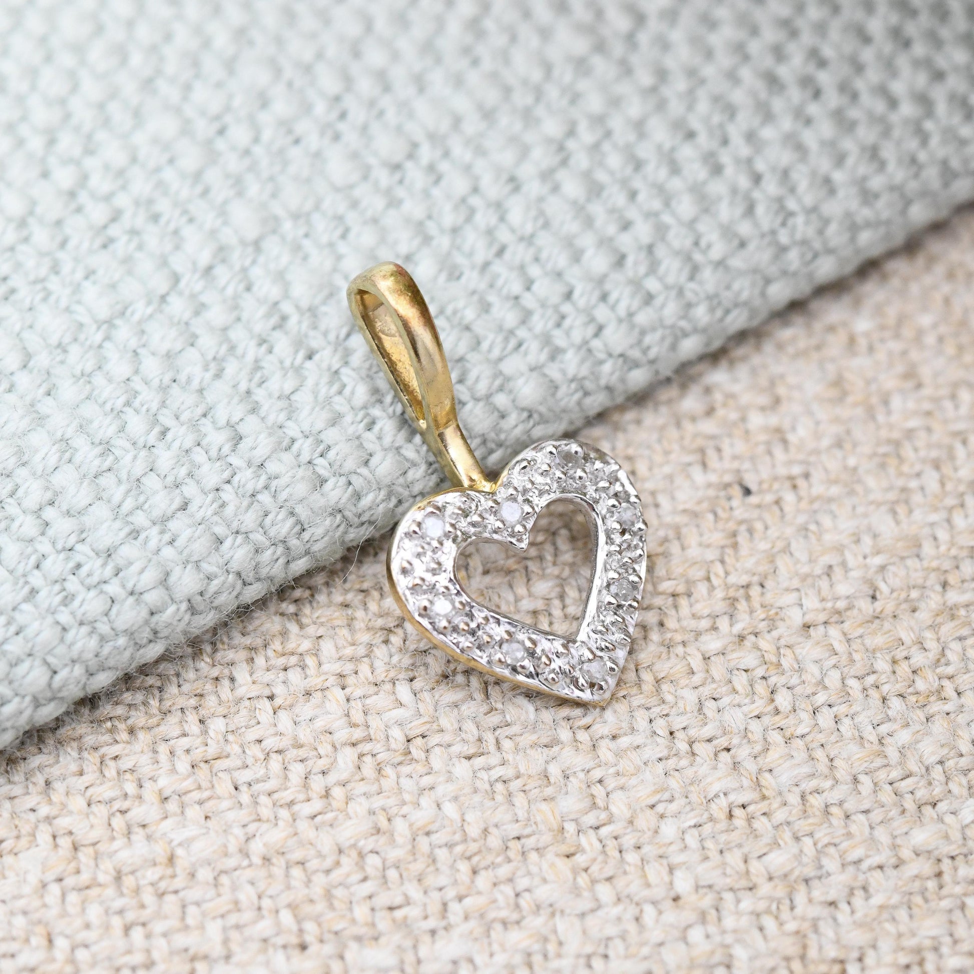 Vintage 9ct Gold Diamond Heart Pendant - Two-Tone Yellow Gold White Gold | Sweet Gift for Her | Charm Necklace Stack