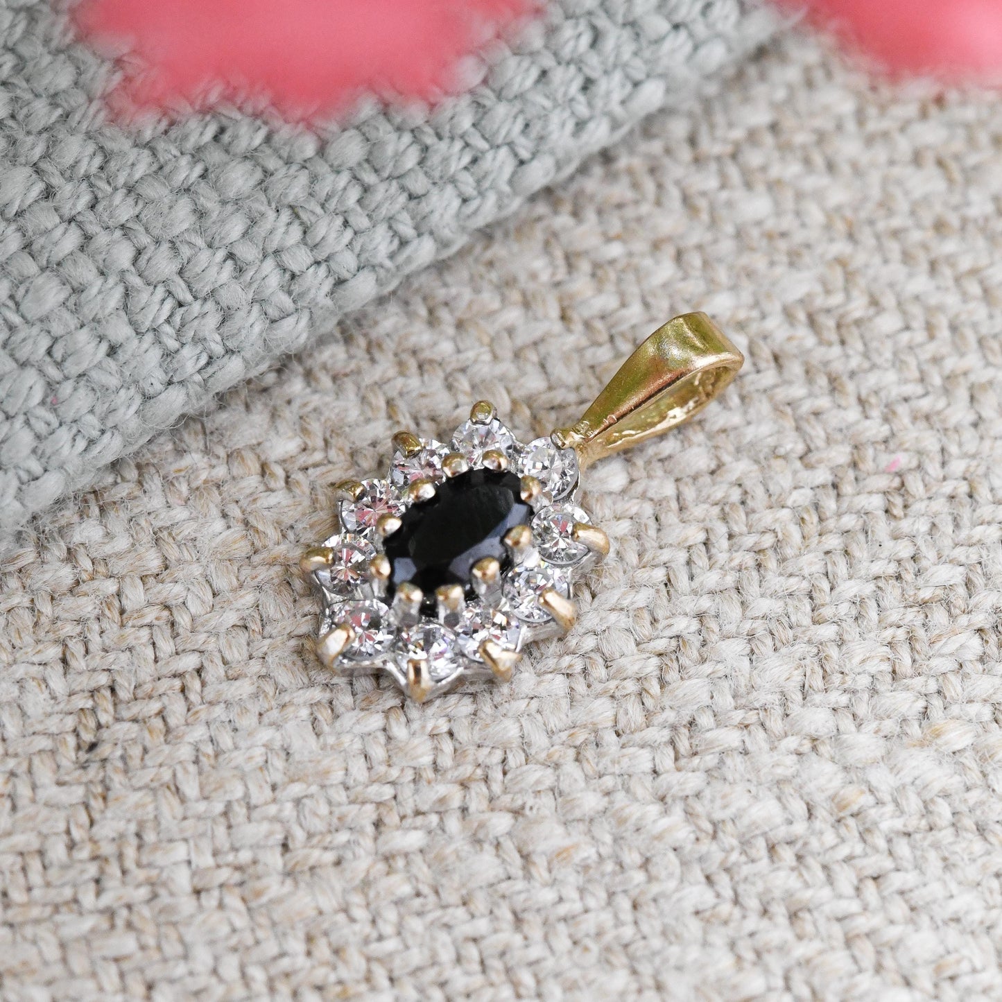 Vintage 9ct Gold Sapphire Cluster Pendant - Mid-Century Miniature Sparkly Charm | Pretty Solid Gold Gift for Her