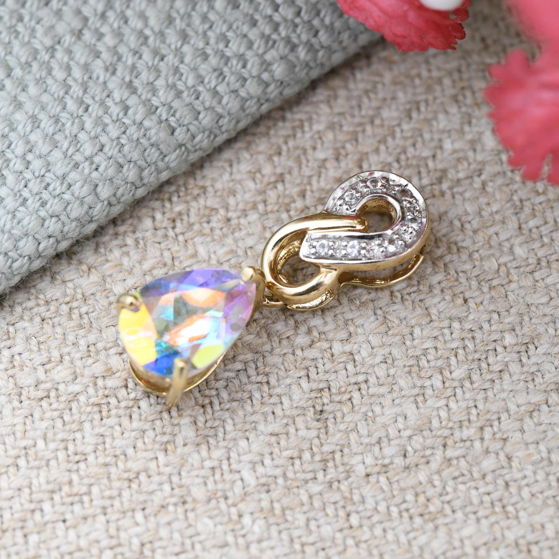 9ct Gold Aurora Borealis Crystal Pendant Articulated Drop - Pretty Gold Gift for Her | Faceted Rainbow Glass