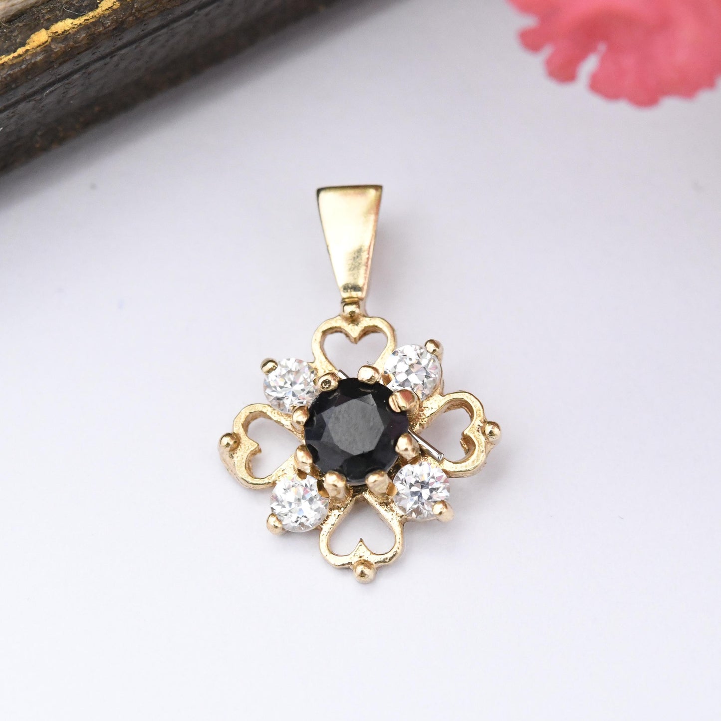 Vintage 9ct Gold Sapphire Flower Pendant with Cubic Zirconia and Love Hearts - Miniature Quatrefoil Cross Charm | Sweet Gift for Her