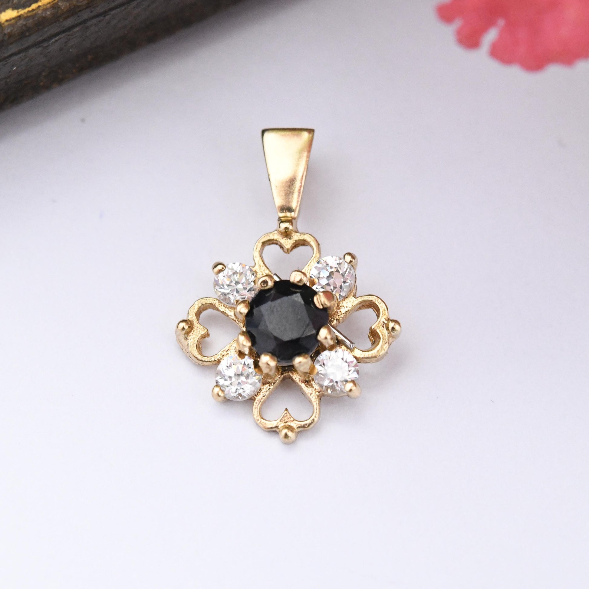 Vintage 9ct Gold Sapphire Flower Pendant with Cubic Zirconia and Love Hearts - Miniature Quatrefoil Cross Charm | Sweet Gift for Her