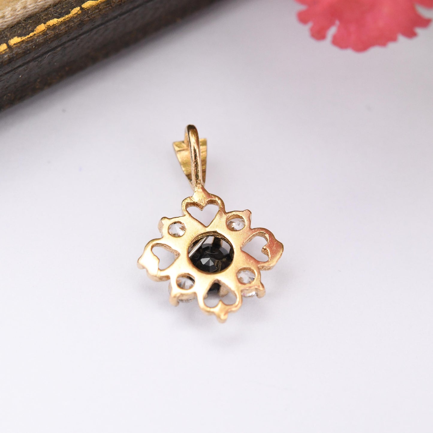 Vintage 9ct Gold Sapphire Flower Pendant with Cubic Zirconia and Love Hearts - Miniature Quatrefoil Cross Charm | Sweet Gift for Her