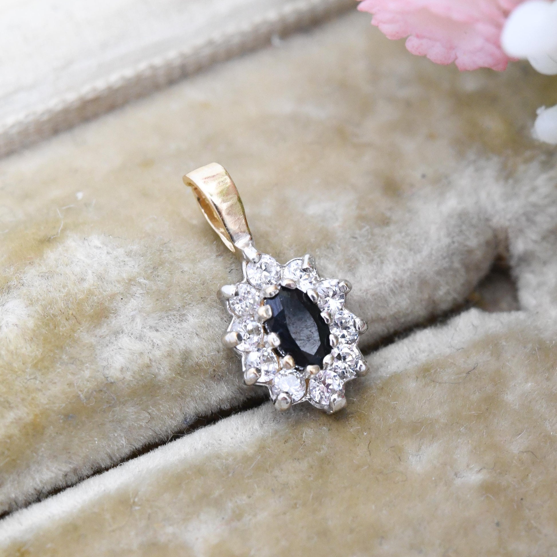 Vintage 9ct Gold Sapphire Cluster Pendant - Mid-Century Miniature Sparkly Charm | Pretty Solid Gold Gift for Her