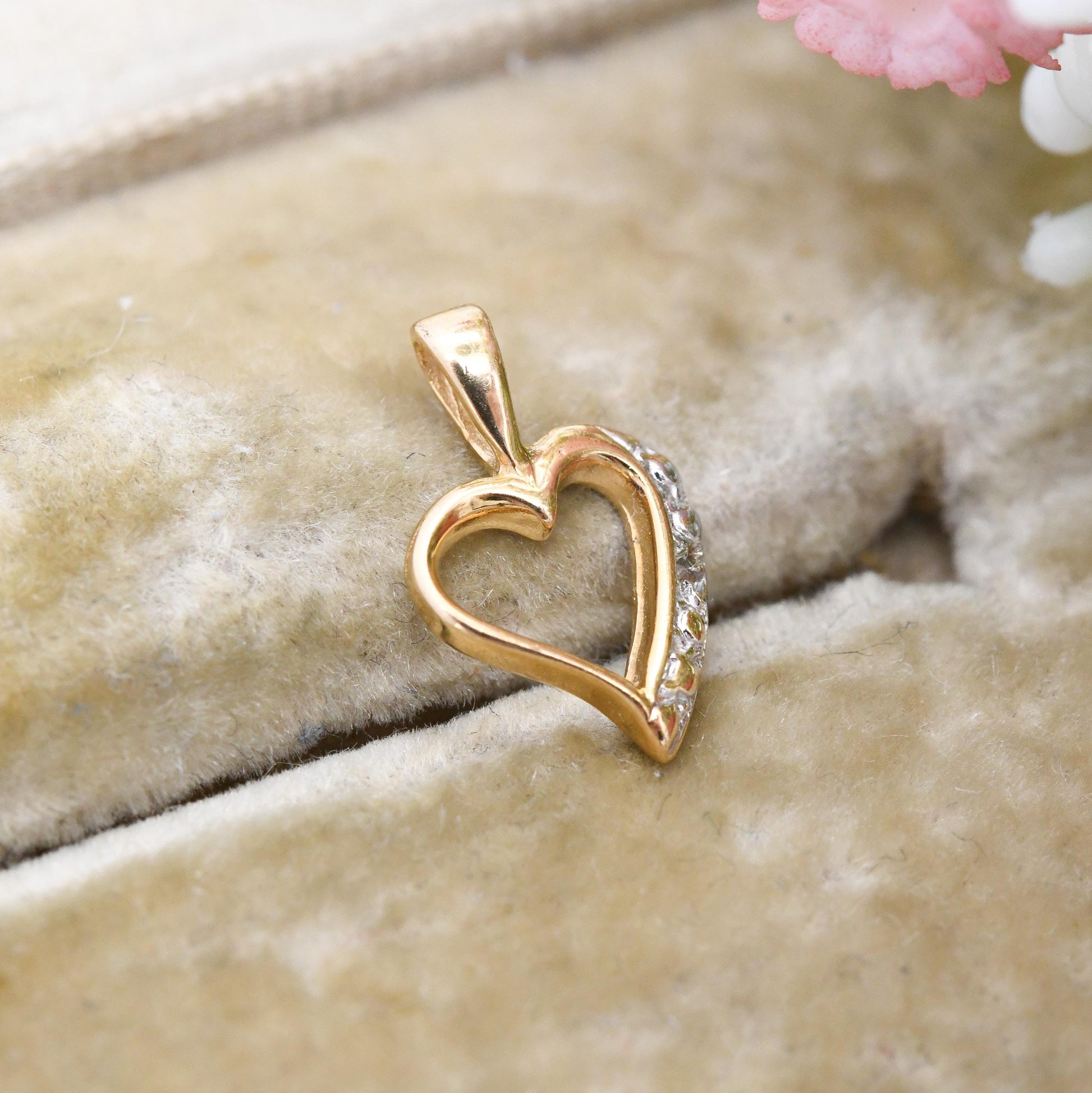 Vintage 9ct Gold Heart Pendant with Diamond - Small Open Love Heart Charm Gift for Her Necklace Stack