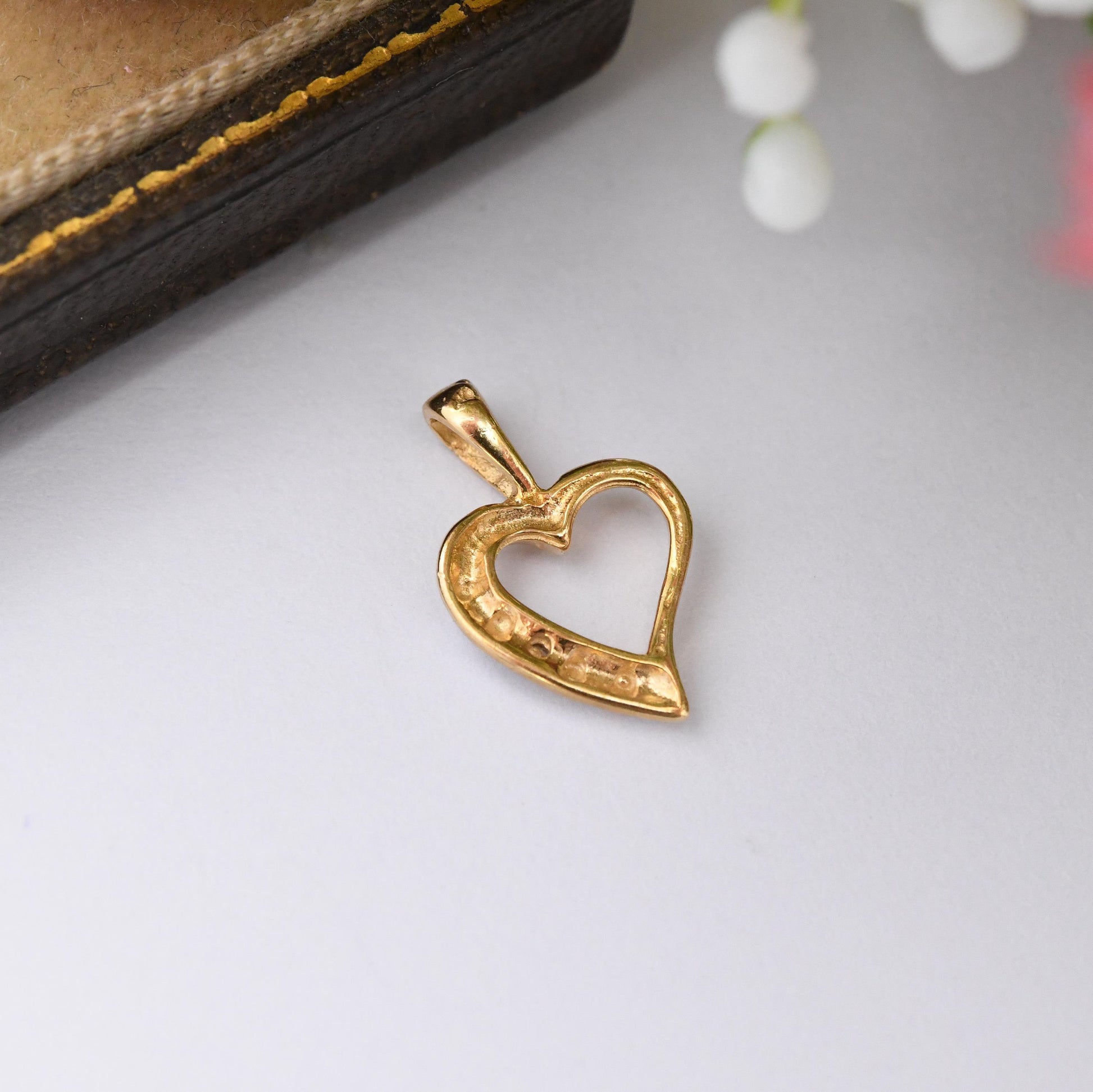 Vintage 9ct Gold Heart Pendant with Diamond - Small Open Love Heart Charm Gift for Her Necklace Stack