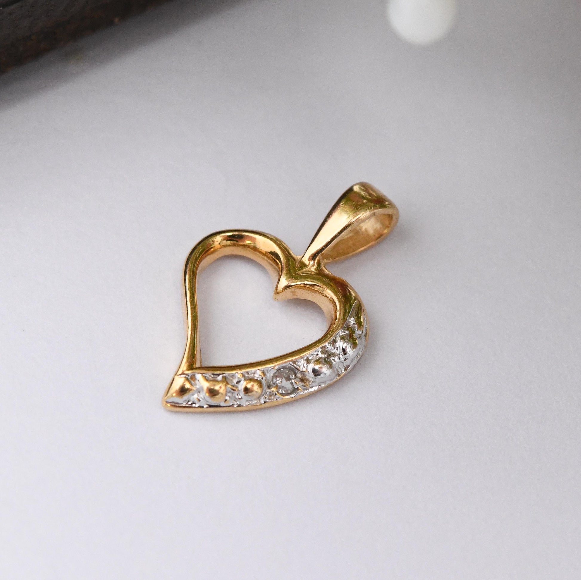 Vintage 9ct Gold Heart Pendant with Diamond - Small Open Love Heart Charm Gift for Her Necklace Stack