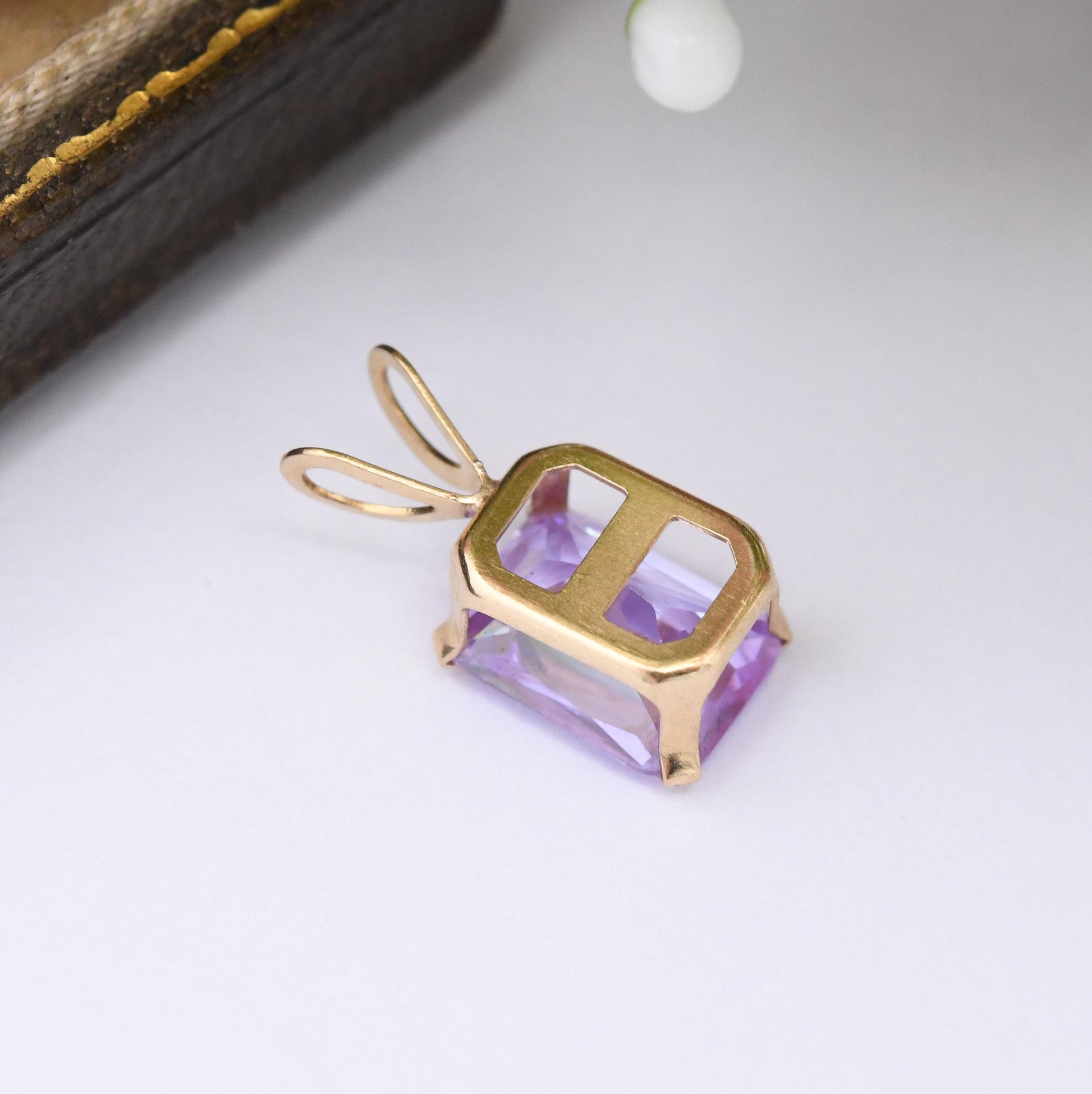 10ct Gold Pendant with Rectangle Purple Stone - Large Sparkly Stone | Pretty Gold Gift for Her | Charm Necklace Stack