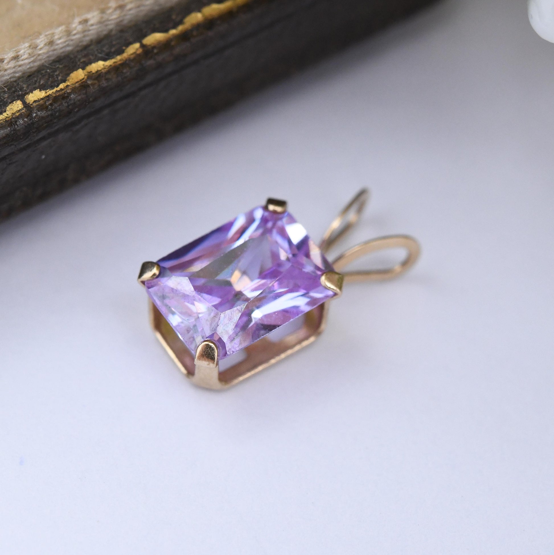 10ct Gold Pendant with Rectangle Purple Stone - Large Sparkly Stone | Pretty Gold Gift for Her | Charm Necklace Stack