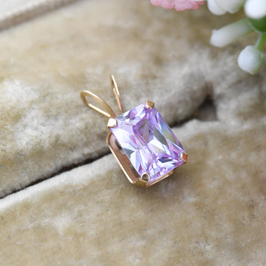 10ct Gold Pendant with Rectangle Purple Stone - Large Sparkly Stone | Pretty Gold Gift for Her | Charm Necklace Stack