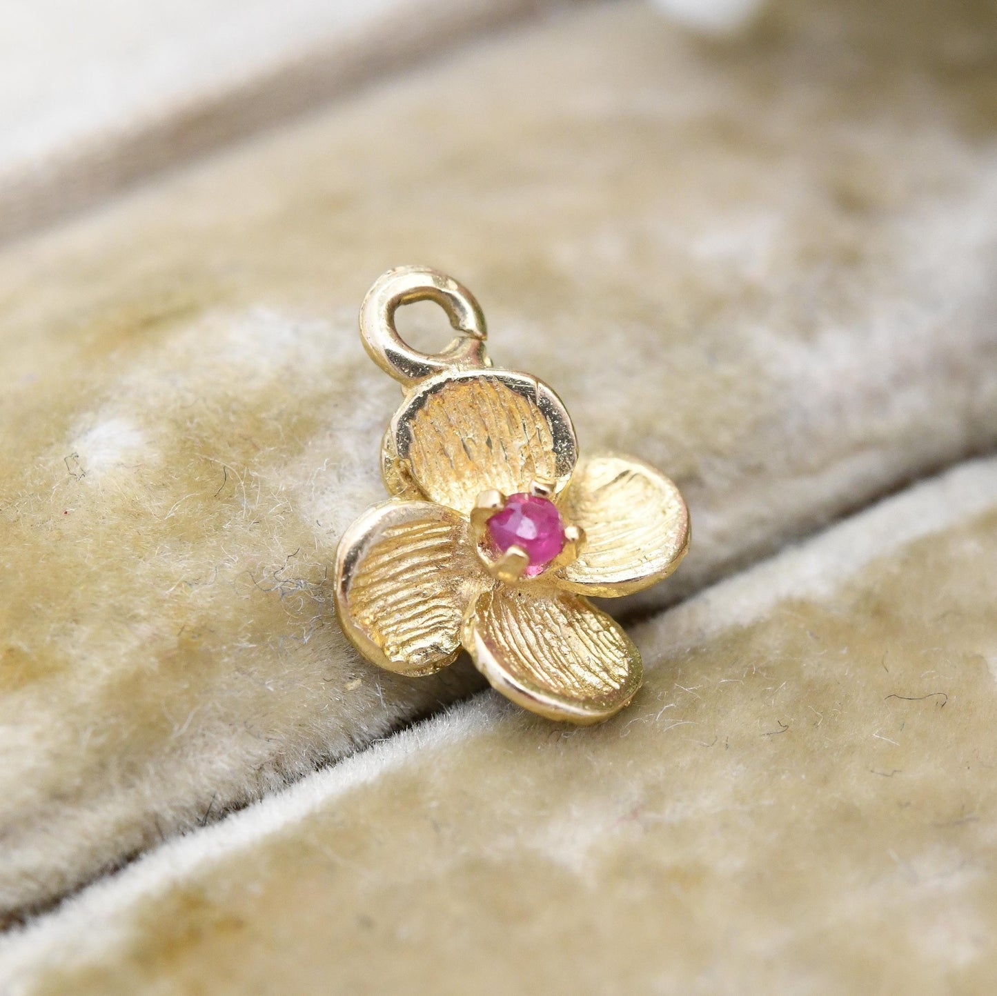 Vintage 9ct Gold Ruby Flower Pendant - Miniature Quatrefoil Floral Charm for Necklace Stack | Pretty Gift for Her