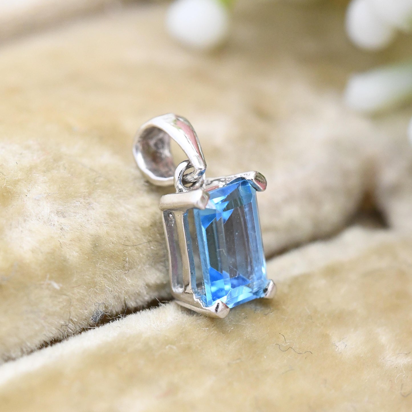 9ct White Gold Pendant with Blue Stone - Pretty Little Gift for Her