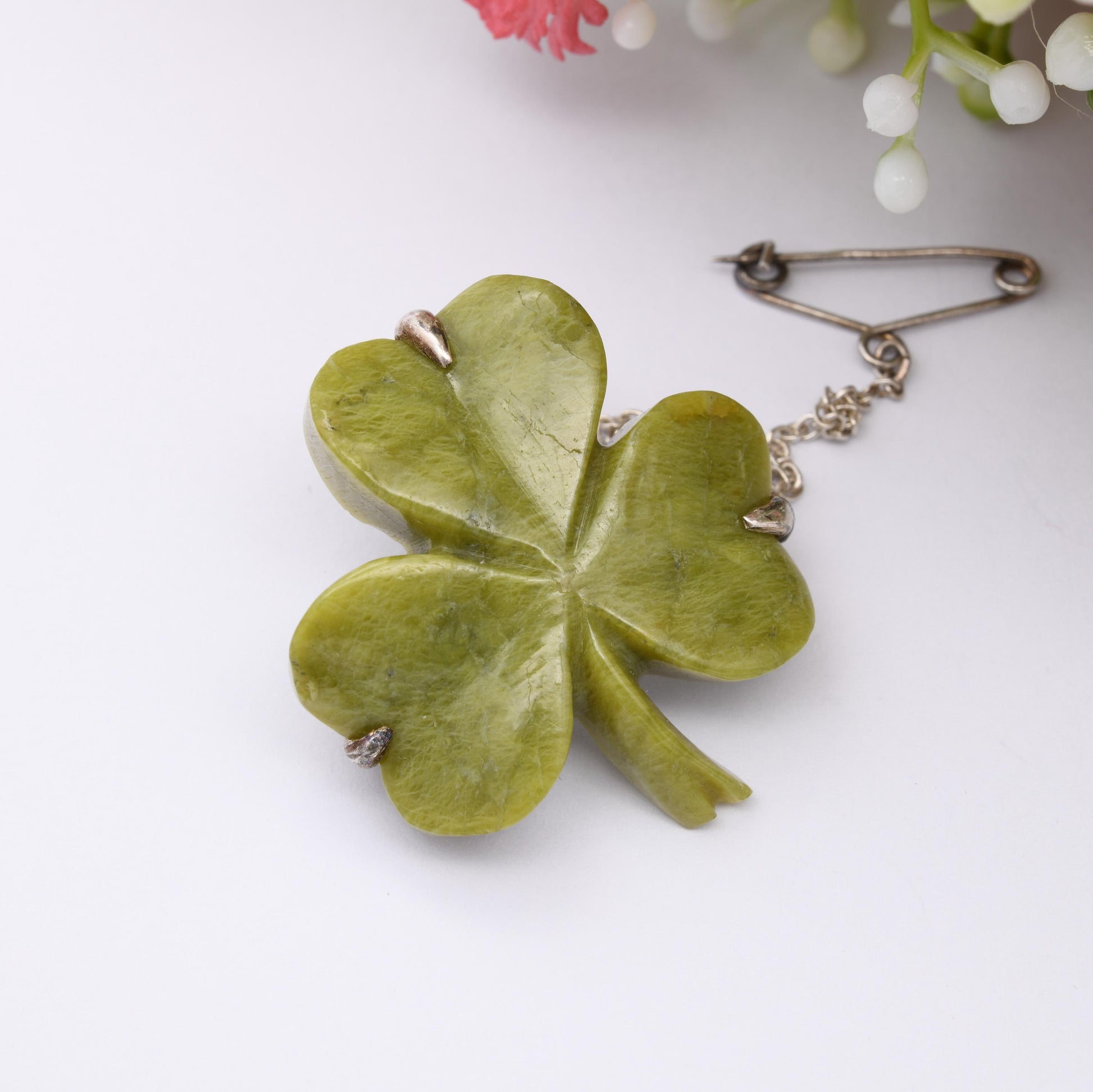 Antique Sterling Silver Connemara Marble Three Leaf Clover Brooch 1910 - Carved Irish Green Stone Lucky Shamrock | Edwardian Gemstone Gift