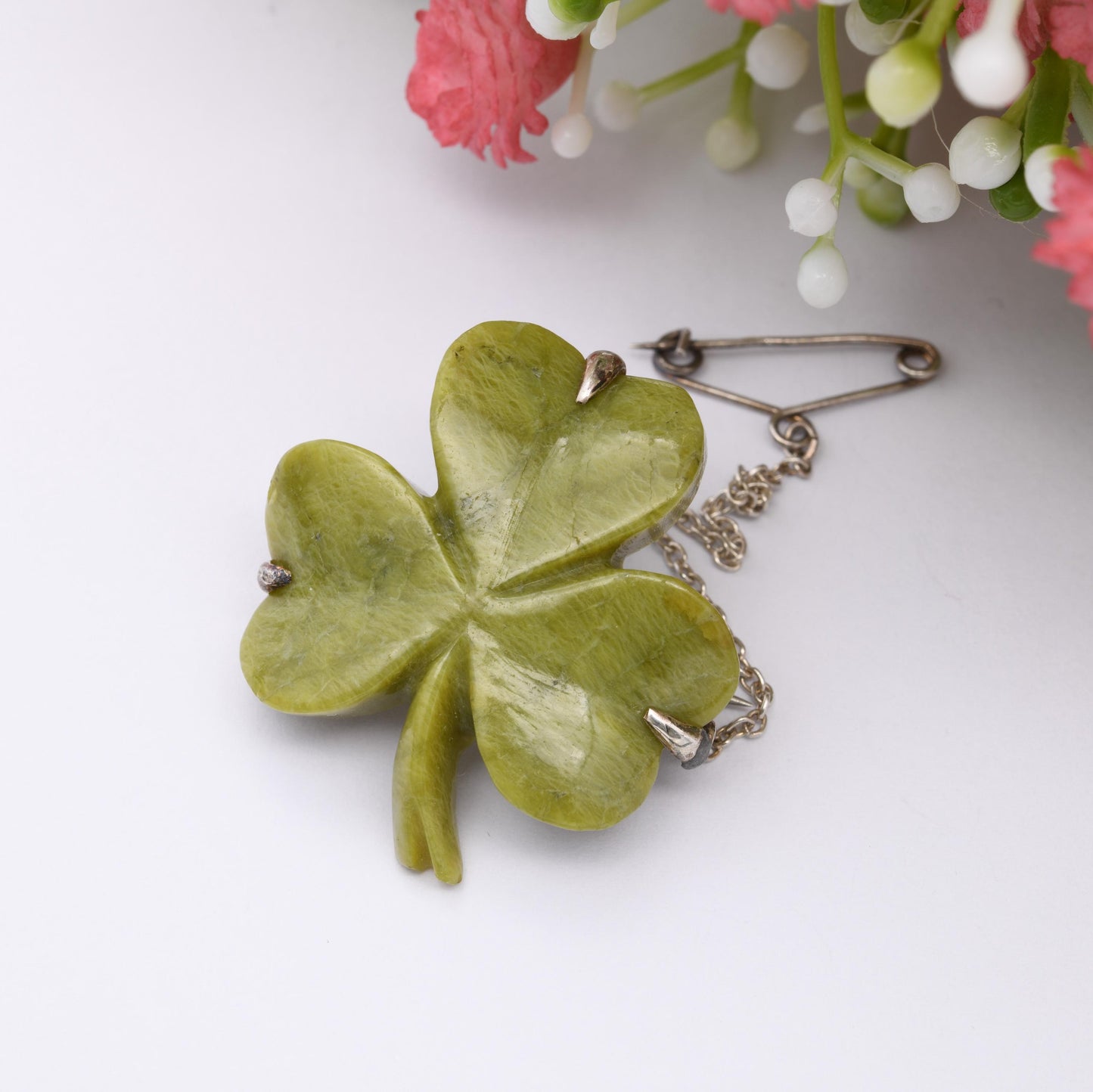 Antique Sterling Silver Connemara Marble Three Leaf Clover Brooch 1910 - Carved Irish Green Stone Lucky Shamrock | Edwardian Gemstone Gift