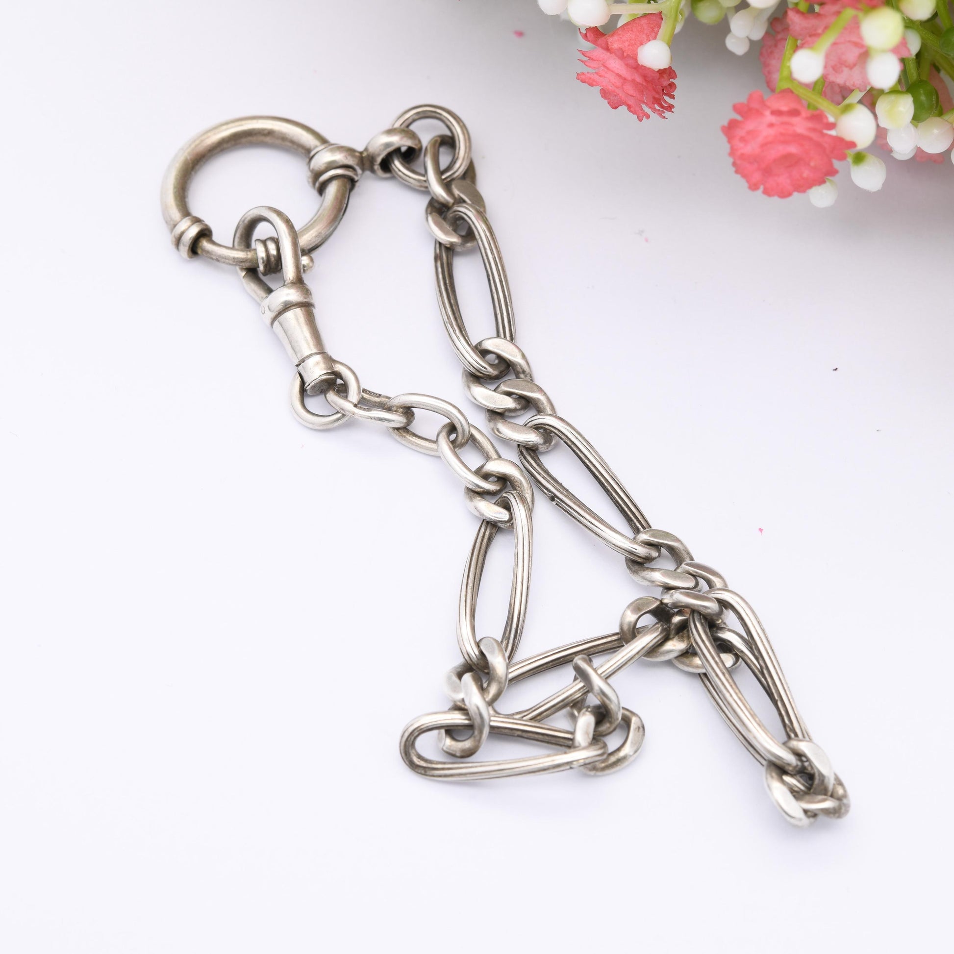 Antique European Silver Albert Chain Trombone Link - with Dog Clip Large Spring Ring Clasp | .800 Silver Fancy Link Chain