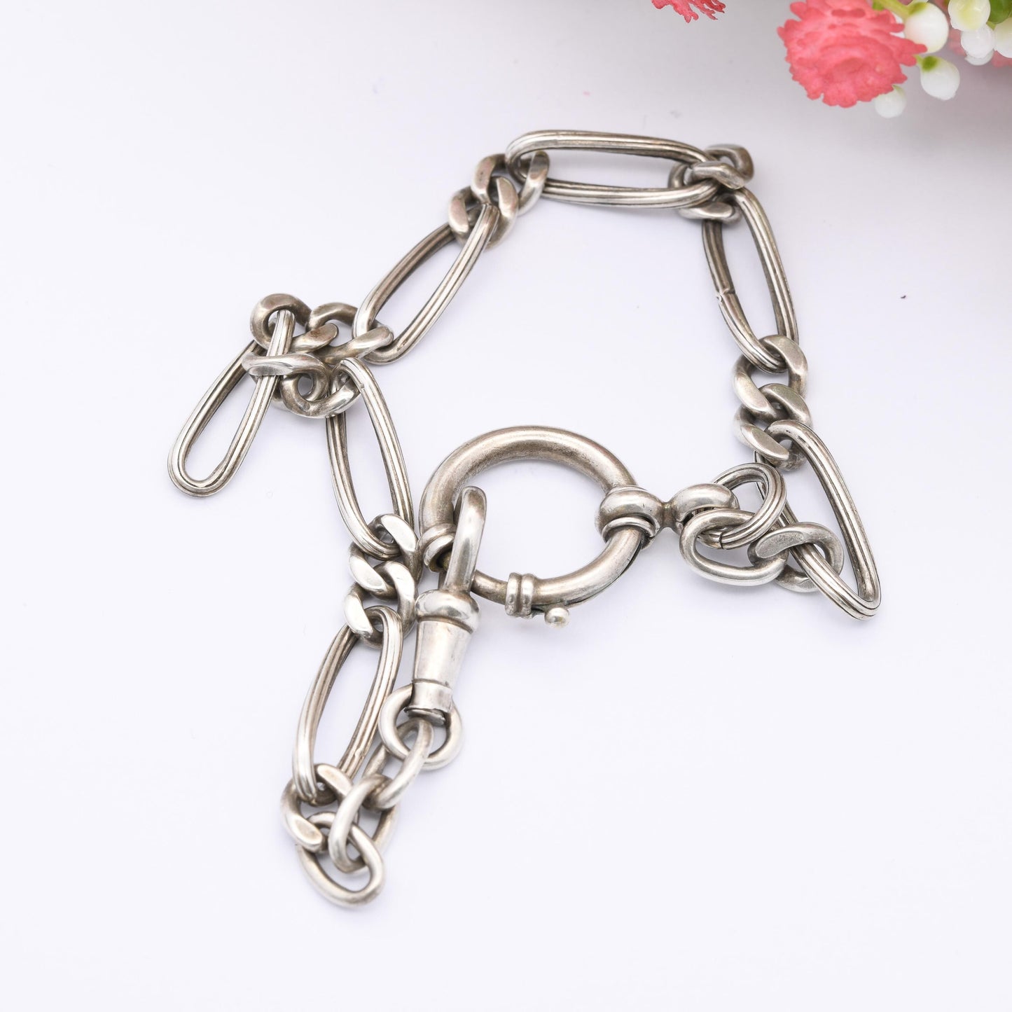 Antique European Silver Albert Chain Trombone Link - with Dog Clip Large Spring Ring Clasp | .800 Silver Fancy Link Chain