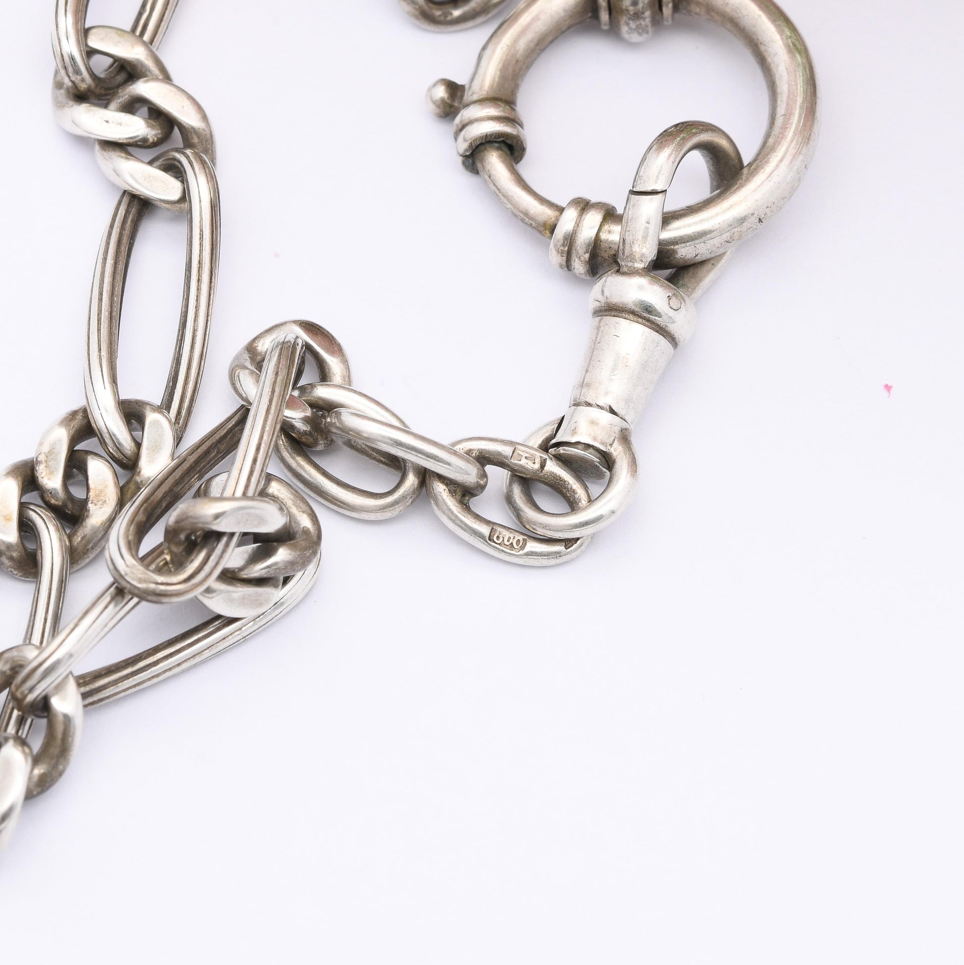 Antique European Silver Albert Chain Trombone Link - with Dog Clip Large Spring Ring Clasp | .800 Silver Fancy Link Chain