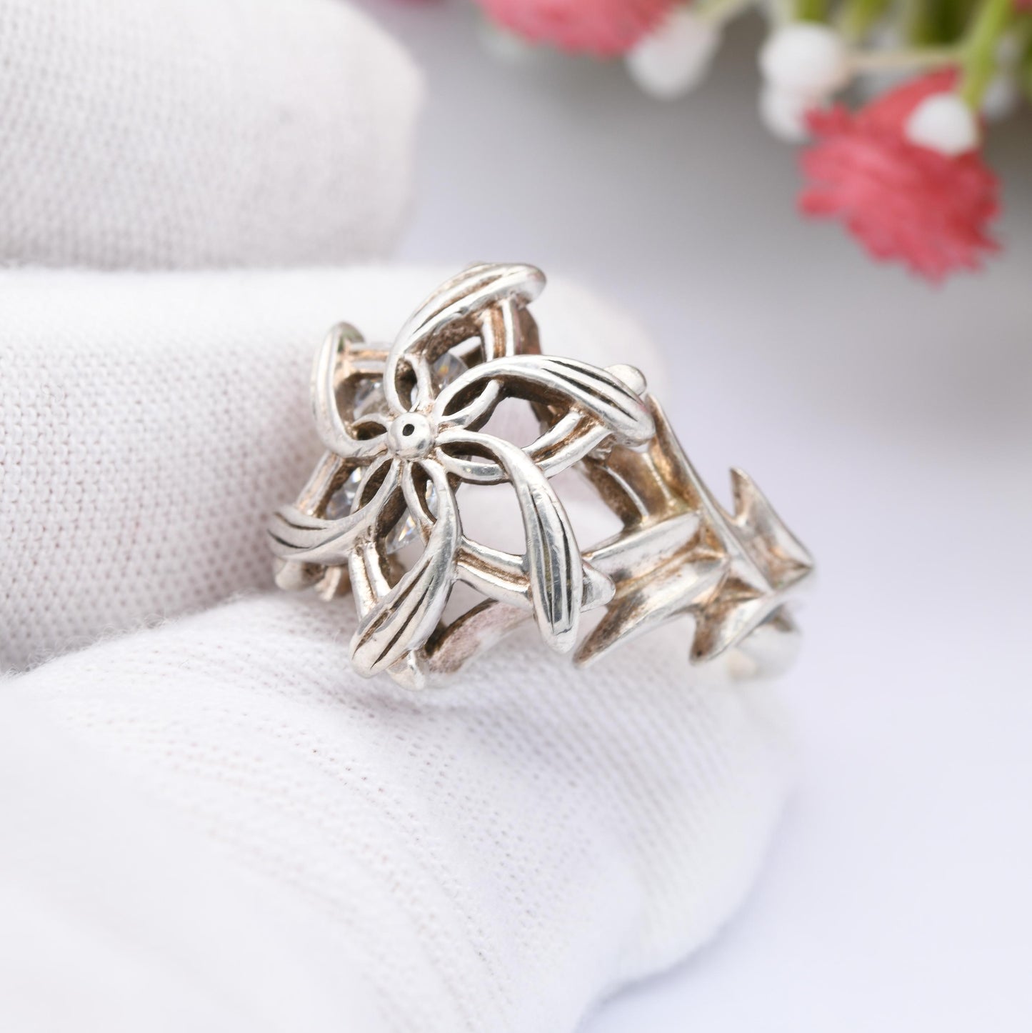 Nenya Galadriel's Ring Sterling Silver Chunky Flower Ring - Lord of the Rings White Stone Pretty Elven Ring | UK Size - N | US Size - 6 1/2