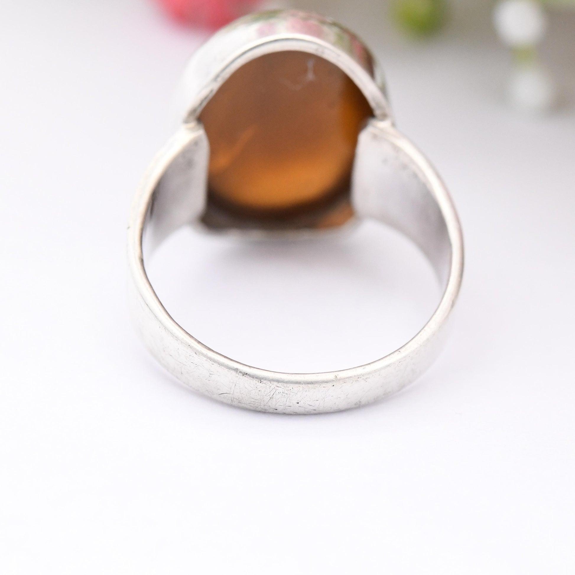 Vintage Silver Translucent Brown Gemstone Ring - Chunky Mid-Century Modernist | Cabochon Stone Statement | UK Size - L | US Size - 5 3/4