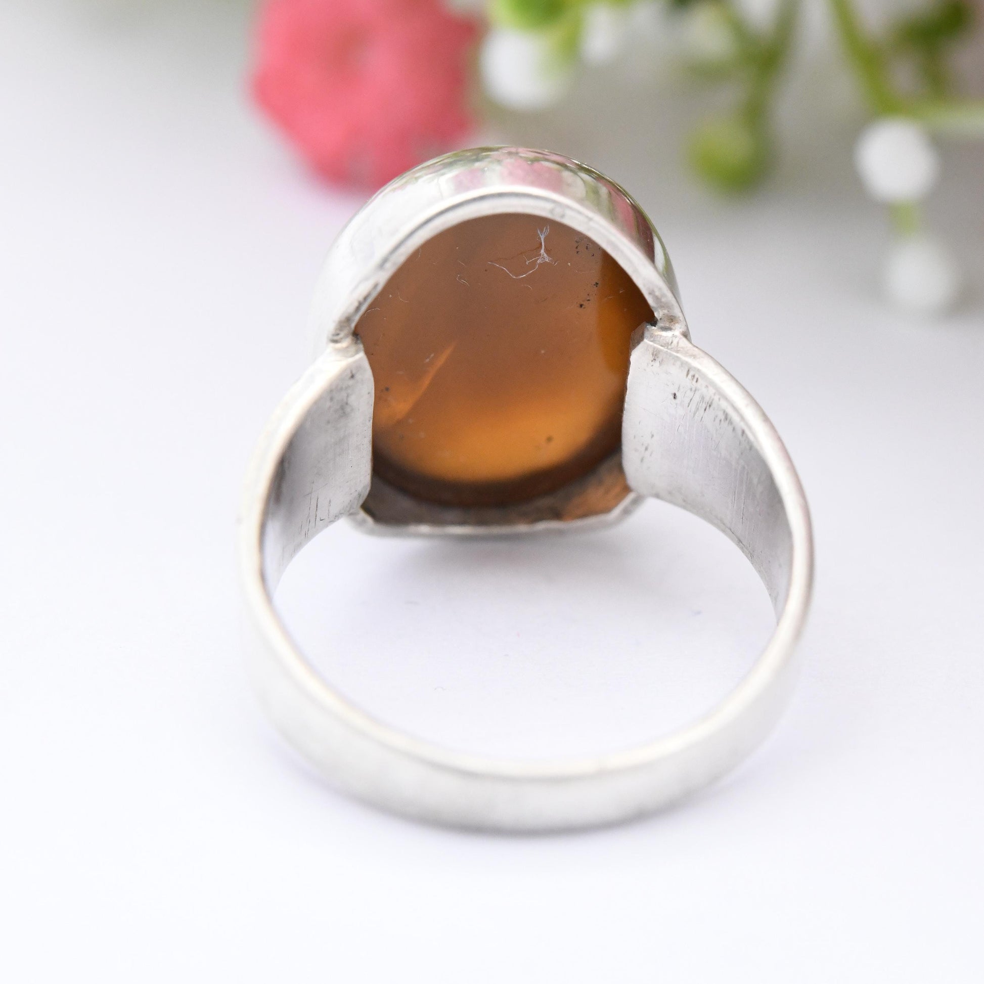 Vintage Silver Translucent Brown Gemstone Ring - Chunky Mid-Century Modernist | Cabochon Stone Statement | UK Size - L | US Size - 5 3/4