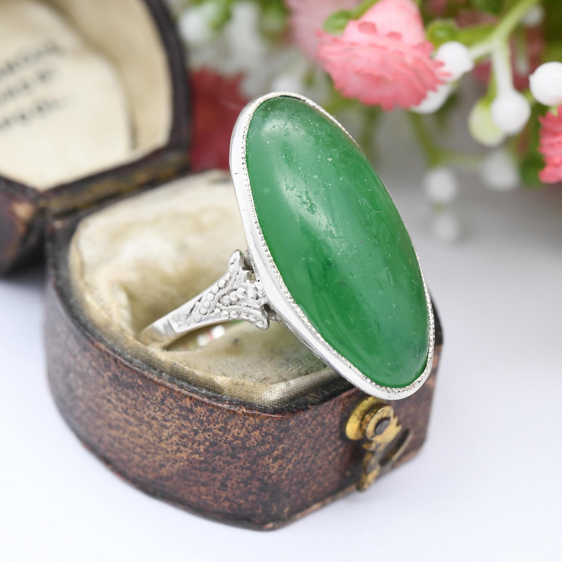 Vintage Silver Chrysoprase Statement Ring - Milgrain Large Cabochon Apple Green Gemstone | UK Size - T | US Size - 9 3/4