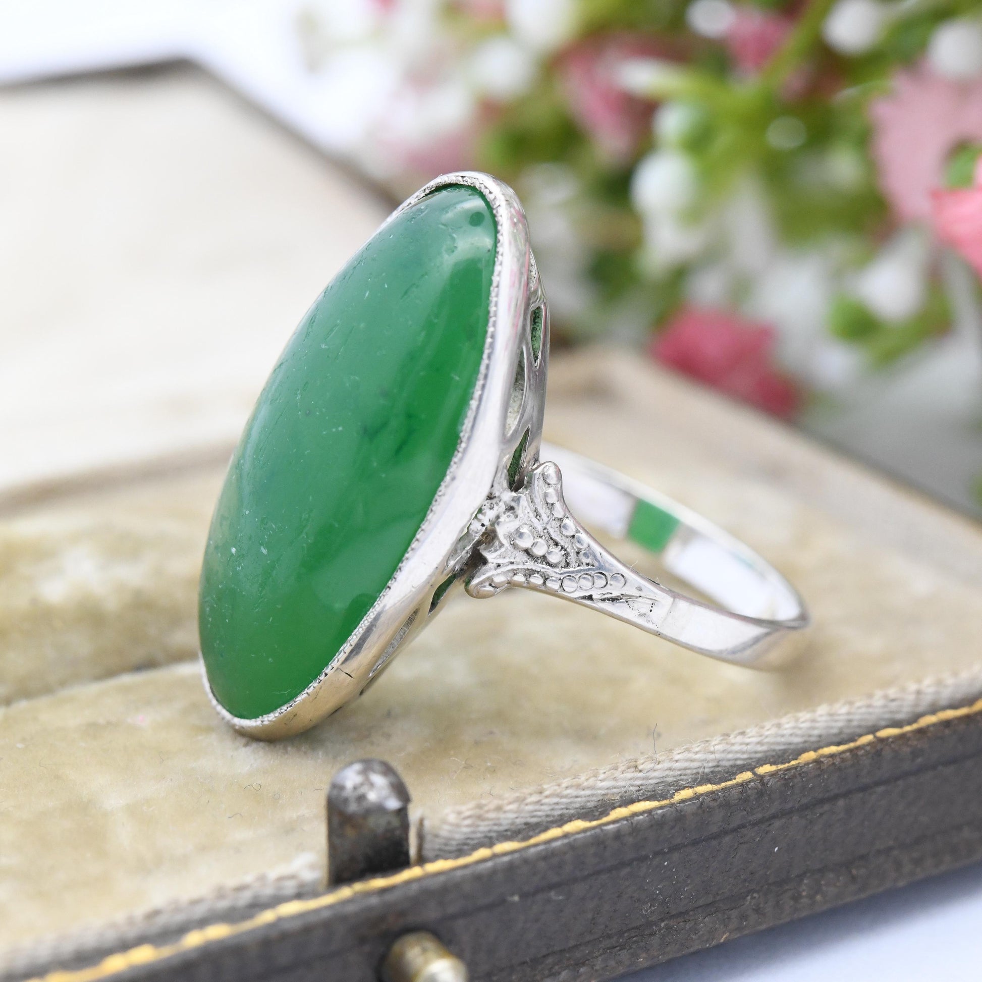 Vintage Silver Chrysoprase Statement Ring - Milgrain Large Cabochon Apple Green Gemstone | UK Size - T | US Size - 9 3/4