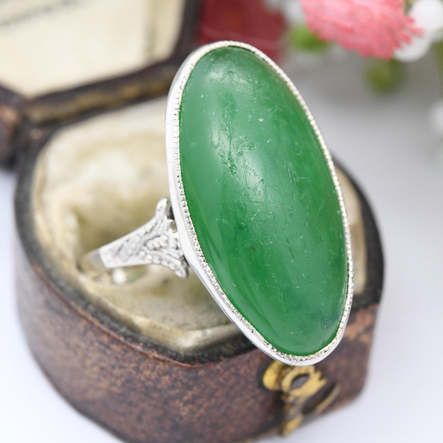 Vintage Silver Chrysoprase Statement Ring - Milgrain Large Cabochon Apple Green Gemstone | UK Size - T | US Size - 9 3/4