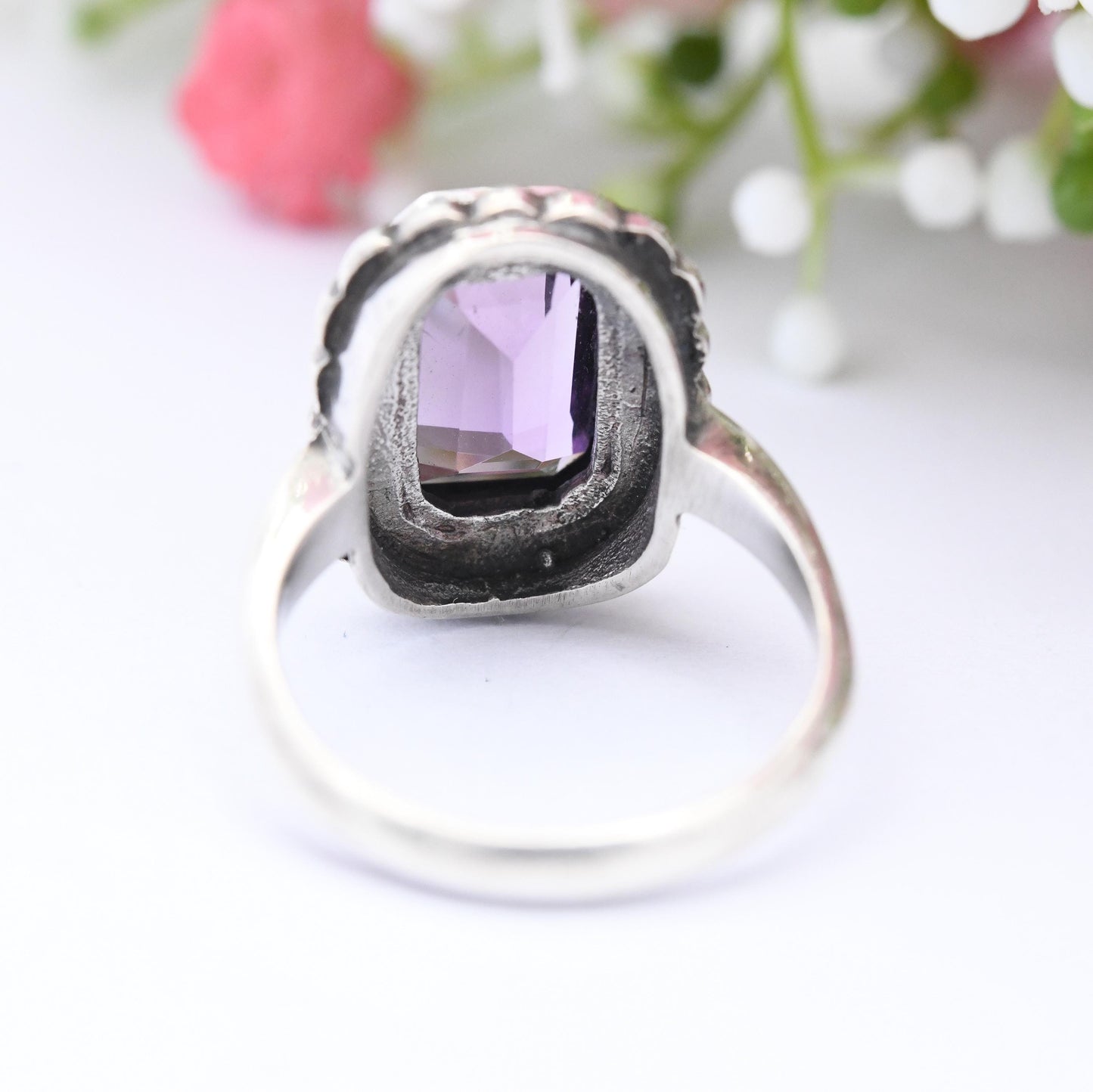 Vintage Sterling Silver Amethyst and Marcasite Statement Ring - Cocktail Large Purple Stone Floral Halo | UK Size - L 1/2 | US Size - 6