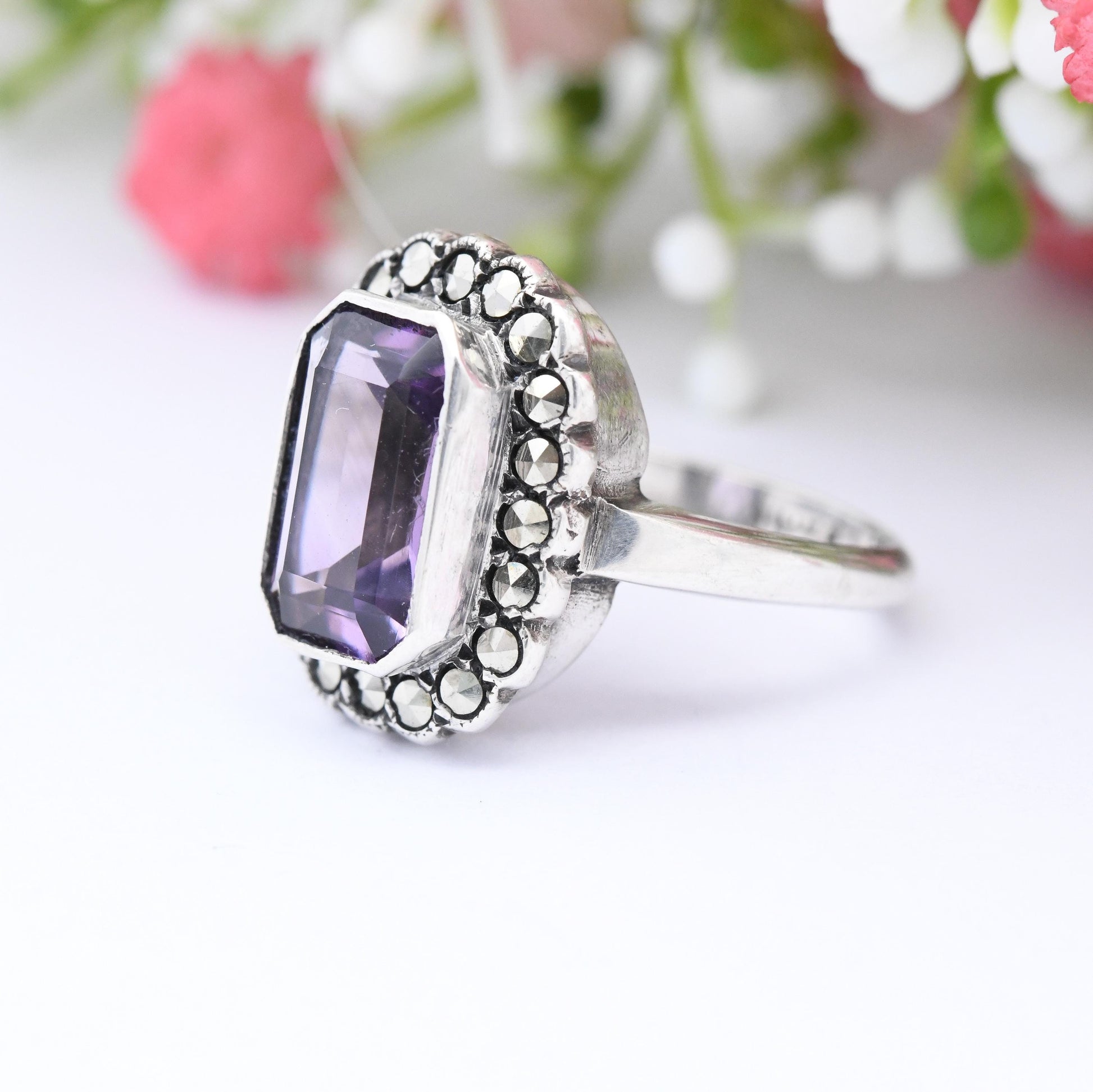 Vintage Sterling Silver Amethyst and Marcasite Statement Ring - Cocktail Large Purple Stone Floral Halo | UK Size - L 1/2 | US Size - 6