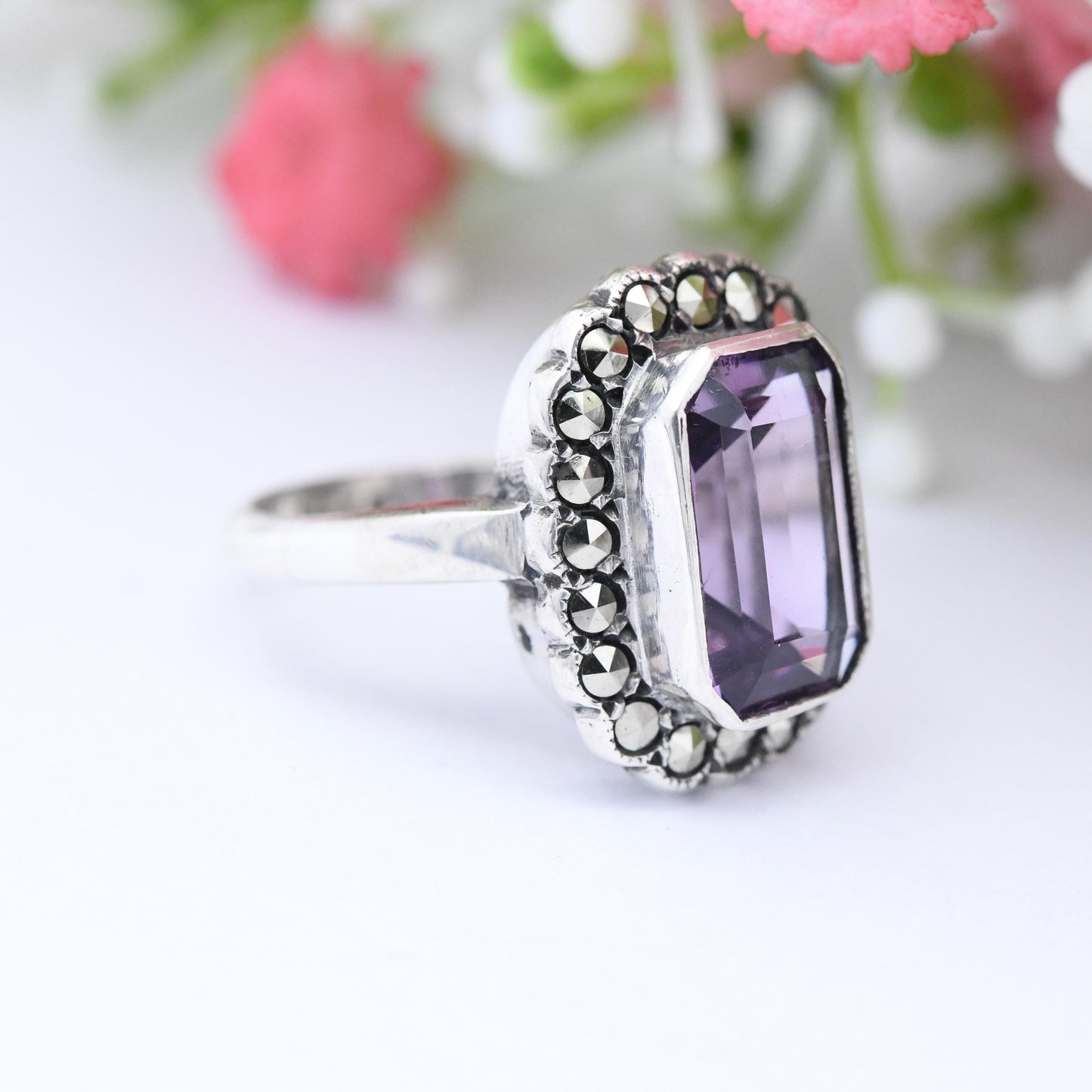 Vintage Sterling Silver Amethyst and Marcasite Statement Ring - Cocktail Large Purple Stone Floral Halo | UK Size - L 1/2 | US Size - 6