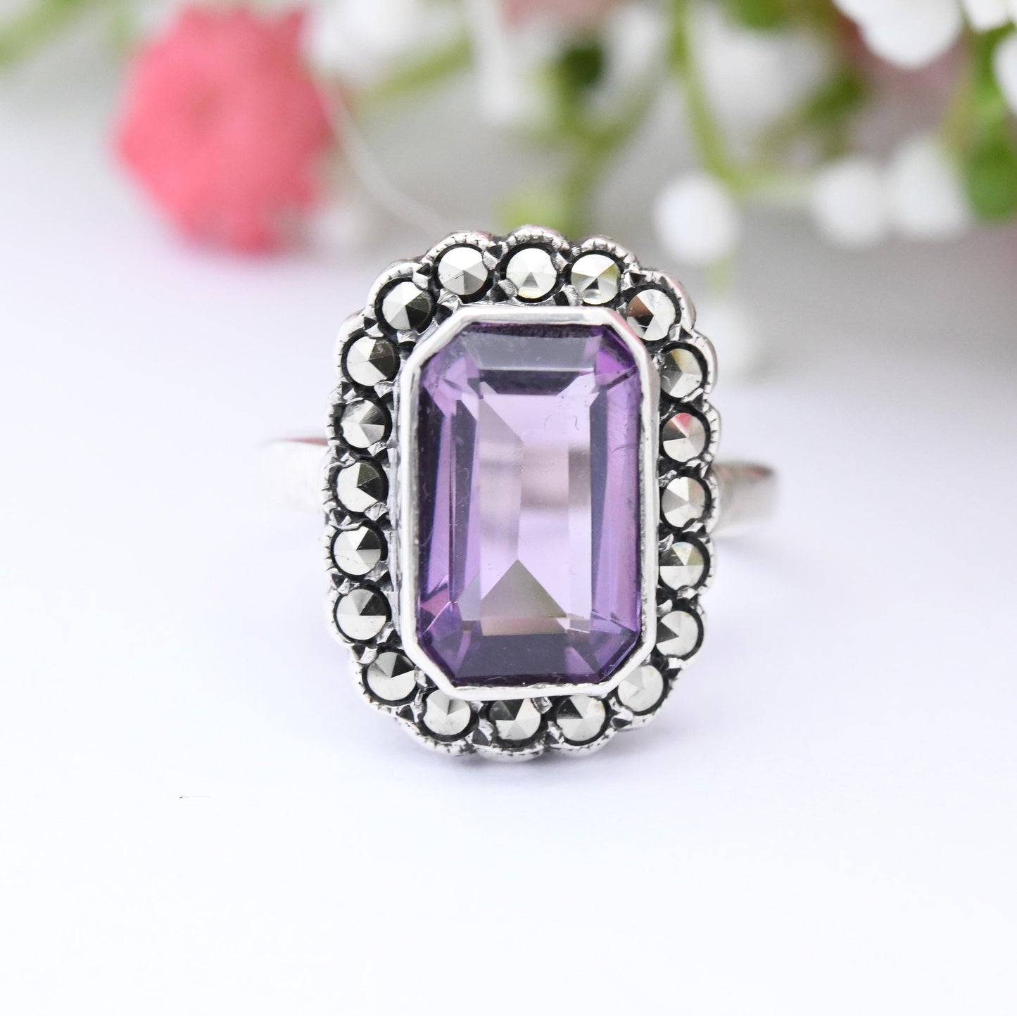 Vintage Sterling Silver Amethyst and Marcasite Statement Ring - Cocktail Large Purple Stone Floral Halo | UK Size - L 1/2 | US Size - 6