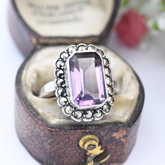 Vintage Sterling Silver Amethyst and Marcasite Statement Ring - Cocktail Large Purple Stone Floral Halo | UK Size - L 1/2 | US Size - 6