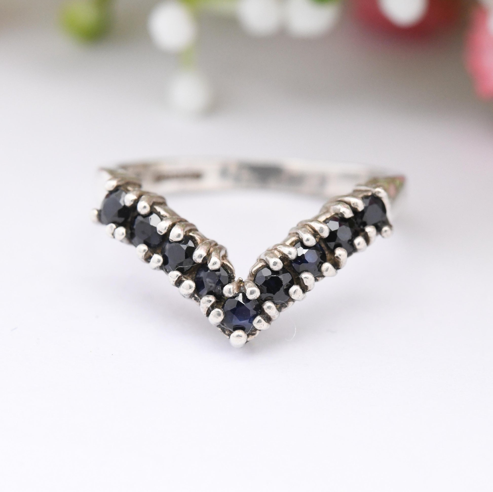 Vintage Sterling Silver Sapphire Wishbone Ring - Gemstone Stacking Ring | Pretty Gift for Her | UK Size - M | US Size - 6 1/4