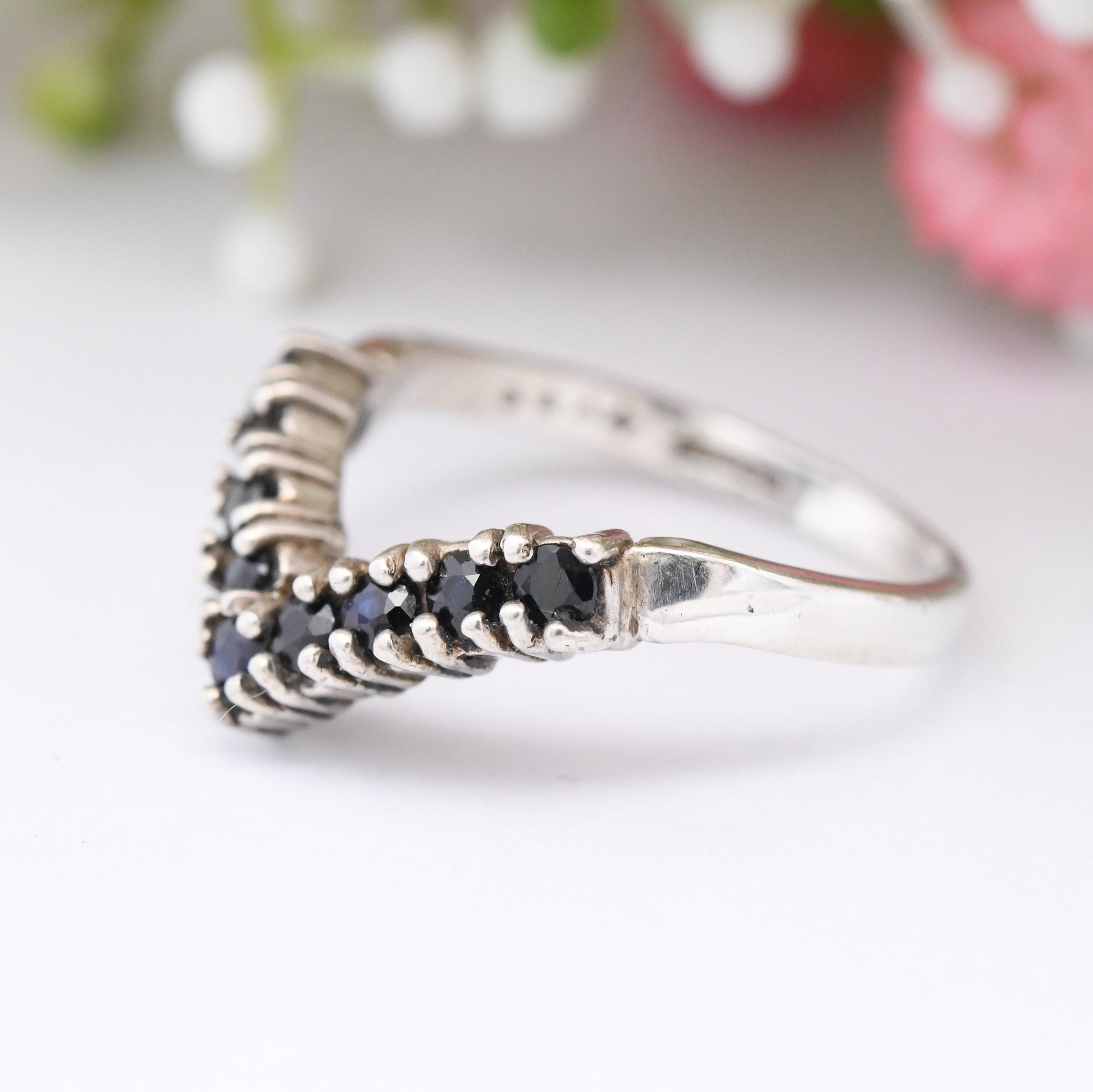 Vintage Sterling Silver Sapphire Wishbone Ring - Gemstone Stacking Ring | Pretty Gift for Her | UK Size - M | US Size - 6 1/4