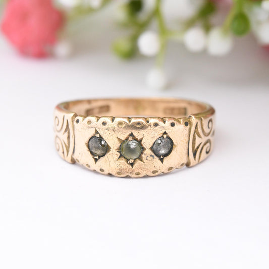 Antique Rolled Gold Gypsy Ring Paste Glass Stones - Three Stone Scalloped Edge Scrolling Detail Sample Ring | UK Size - O | US Size - 7 1/4