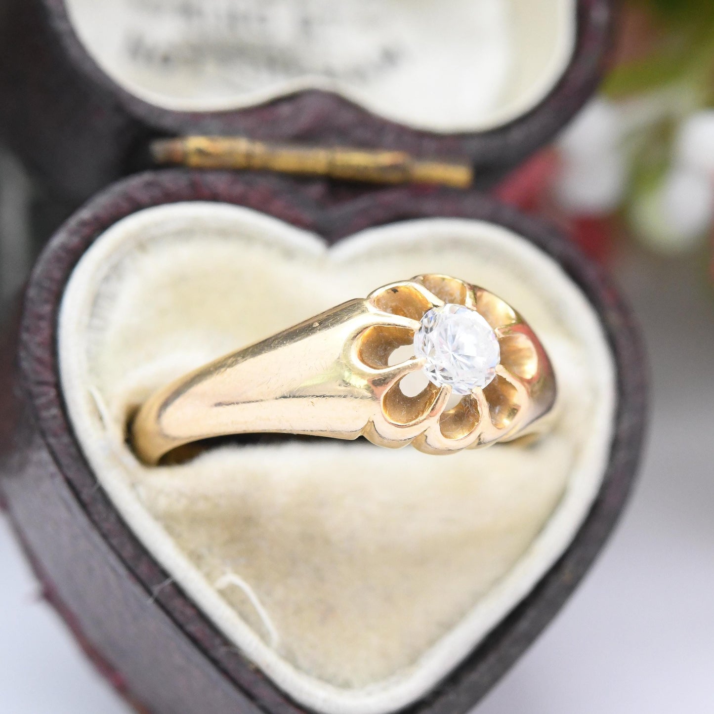 Antique Edwardian 18ct Gold Solitaire Gypsy Ring 1907 - Large Clear Stone | Claw Set | UK Size - N 1/2 | US Size - 7